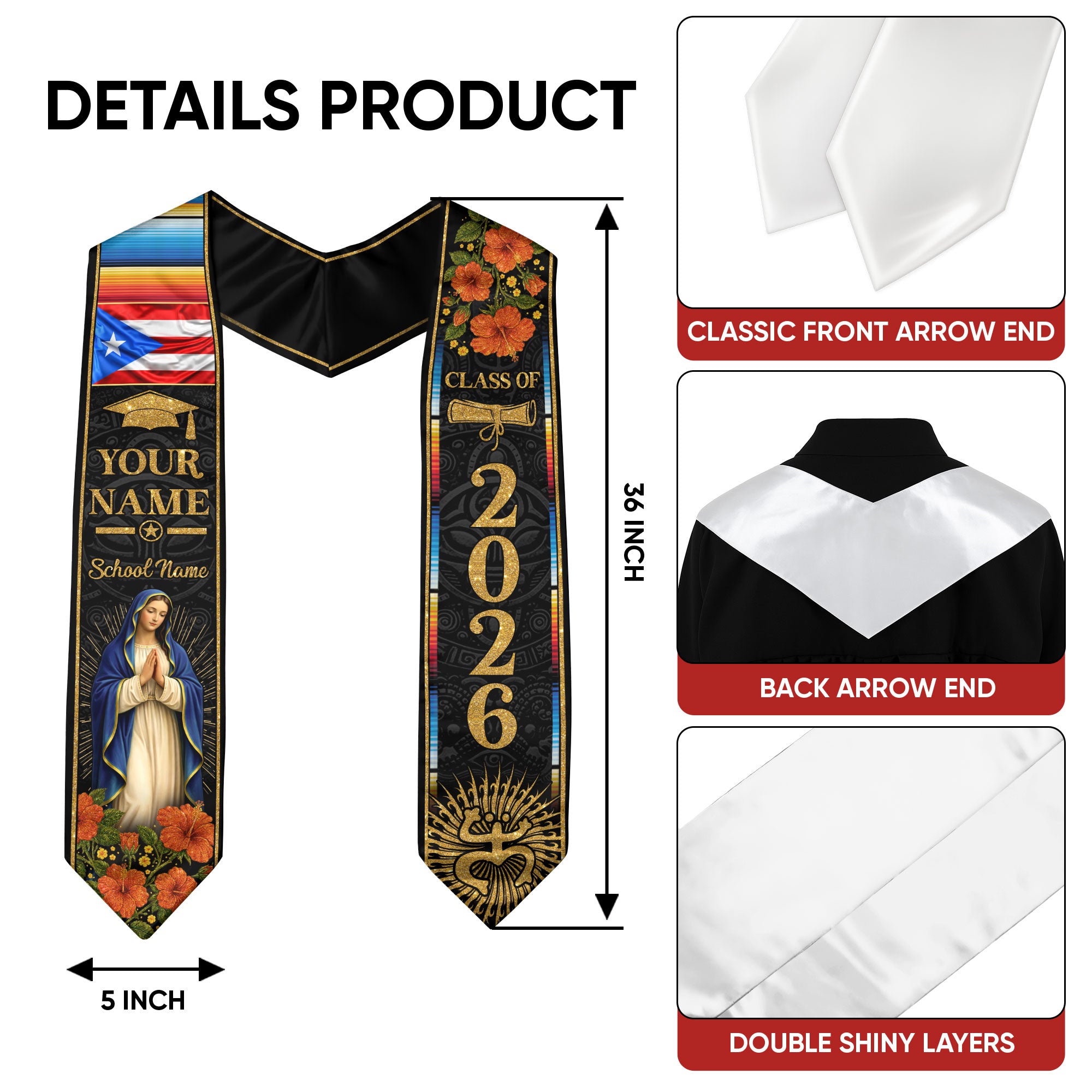 Custom Puerto Rico Graduation Stole Class of 2026, Personalized Name & School Sash