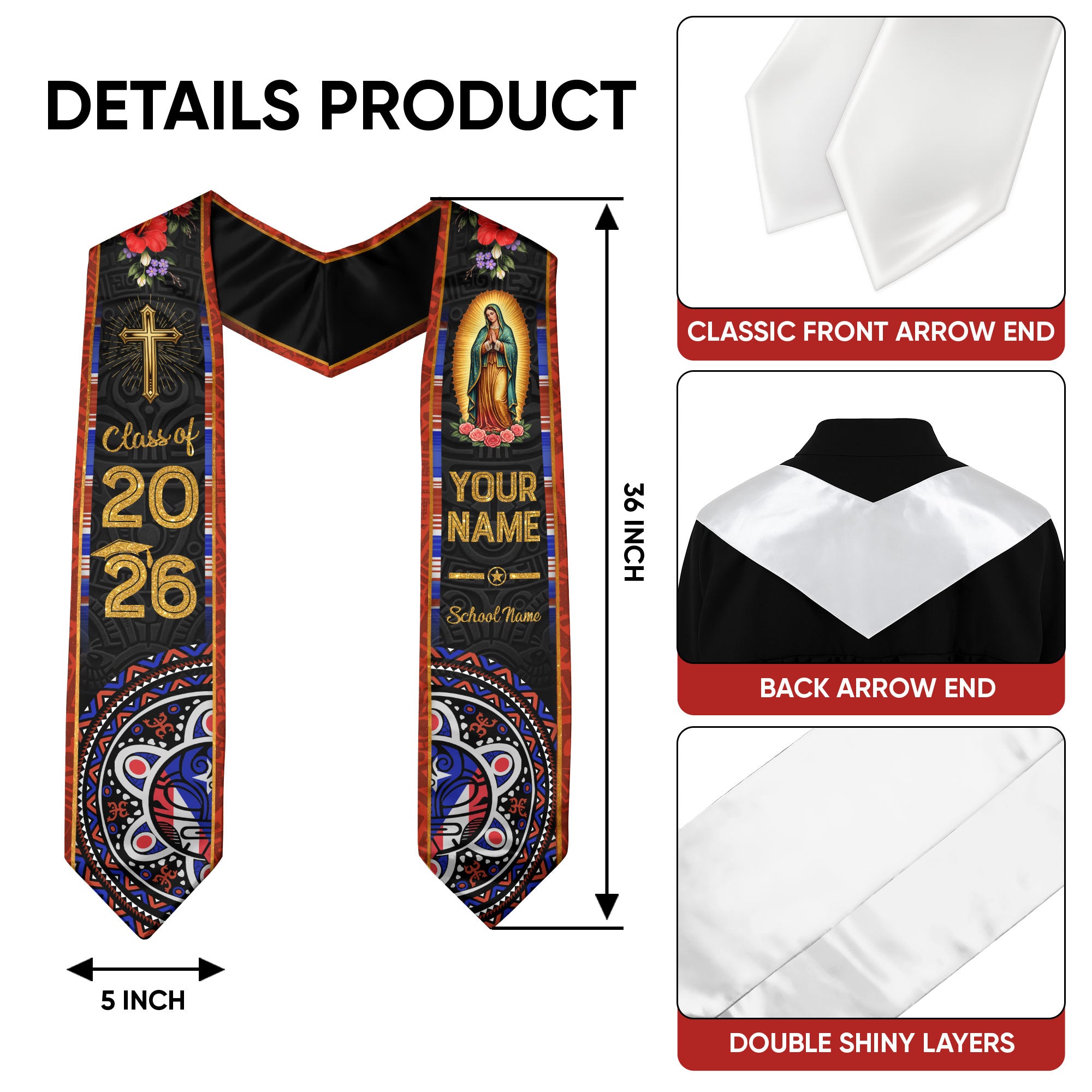 Custom Mexico Graduation Stole Class of 2026, Personalized Name Catholic Design