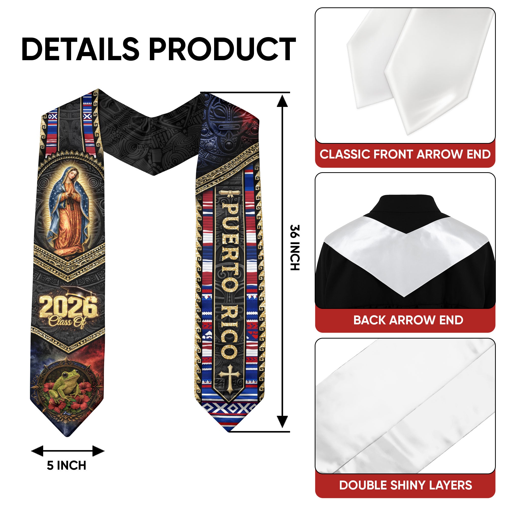 Puerto Rican Graduation Stole Class of 2026 Puerto Rico Graduation Sash Faith Flag Design