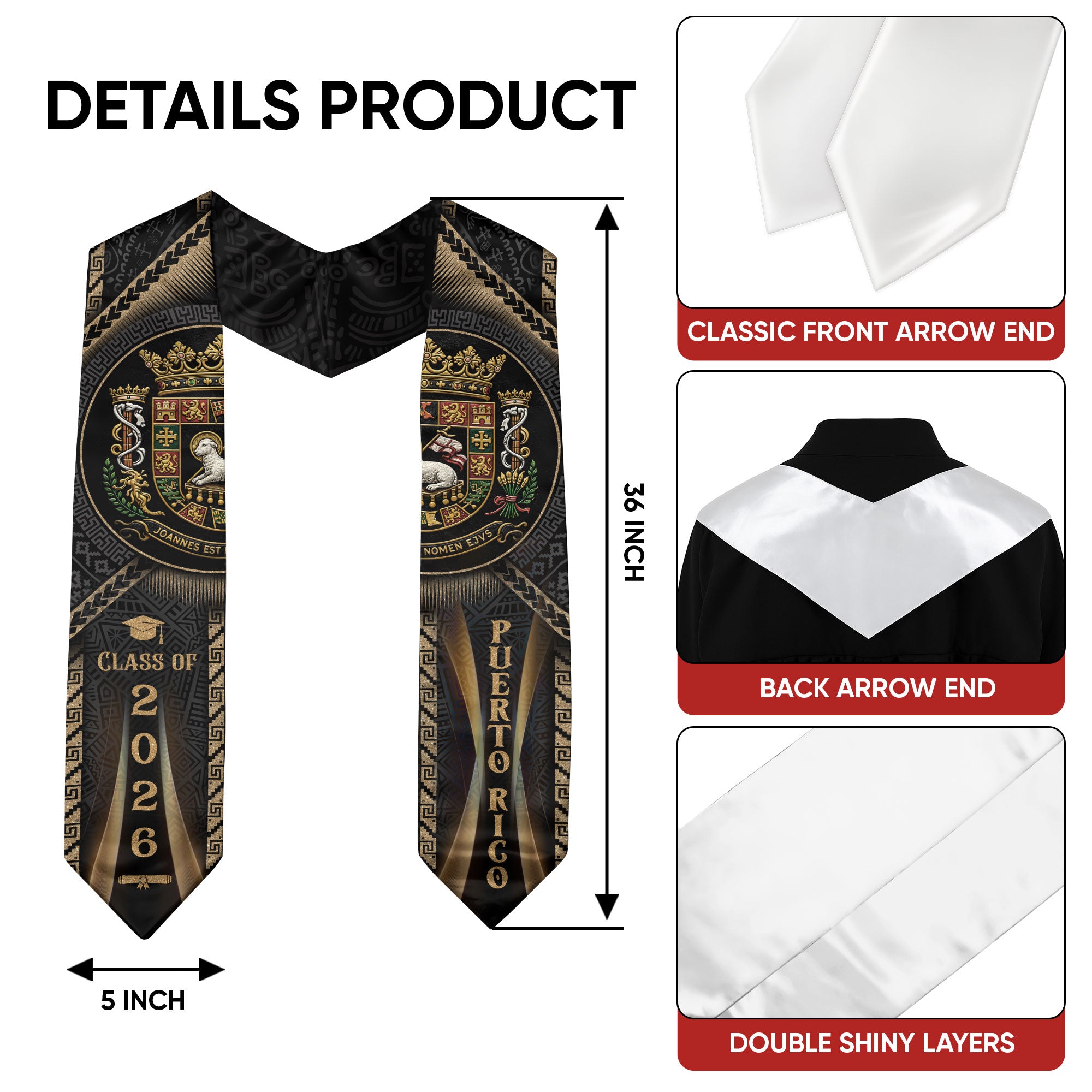 Puerto Rico Graduation Stole Class of 2026 Puerto Rican Graduation Sash Heritage Gold Design
