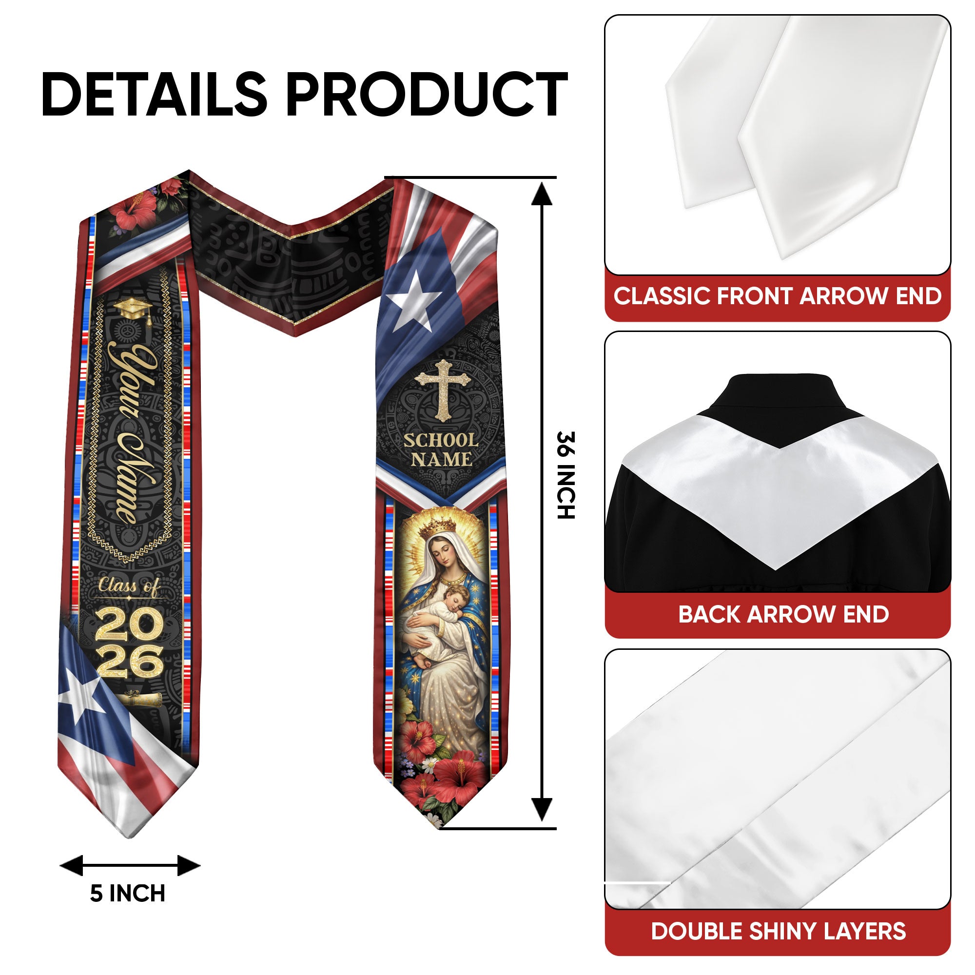 Puerto Rico Graduation Stole Class of 2026 - Custom Virgin Mary Heritage Sash