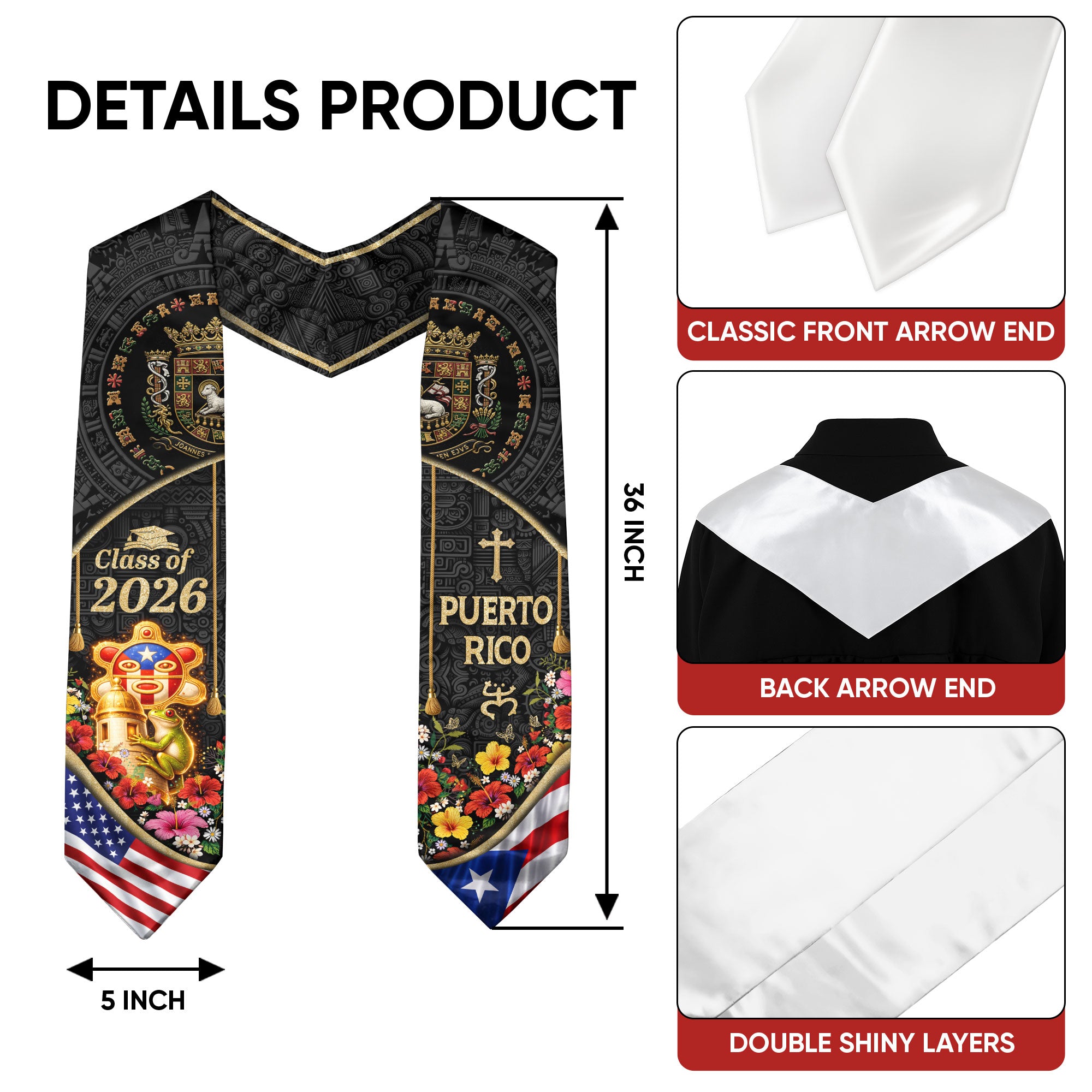 Puerto Rico Graduation Stole 2026 Coqui Taino Sun Garita PR US Flag Sash