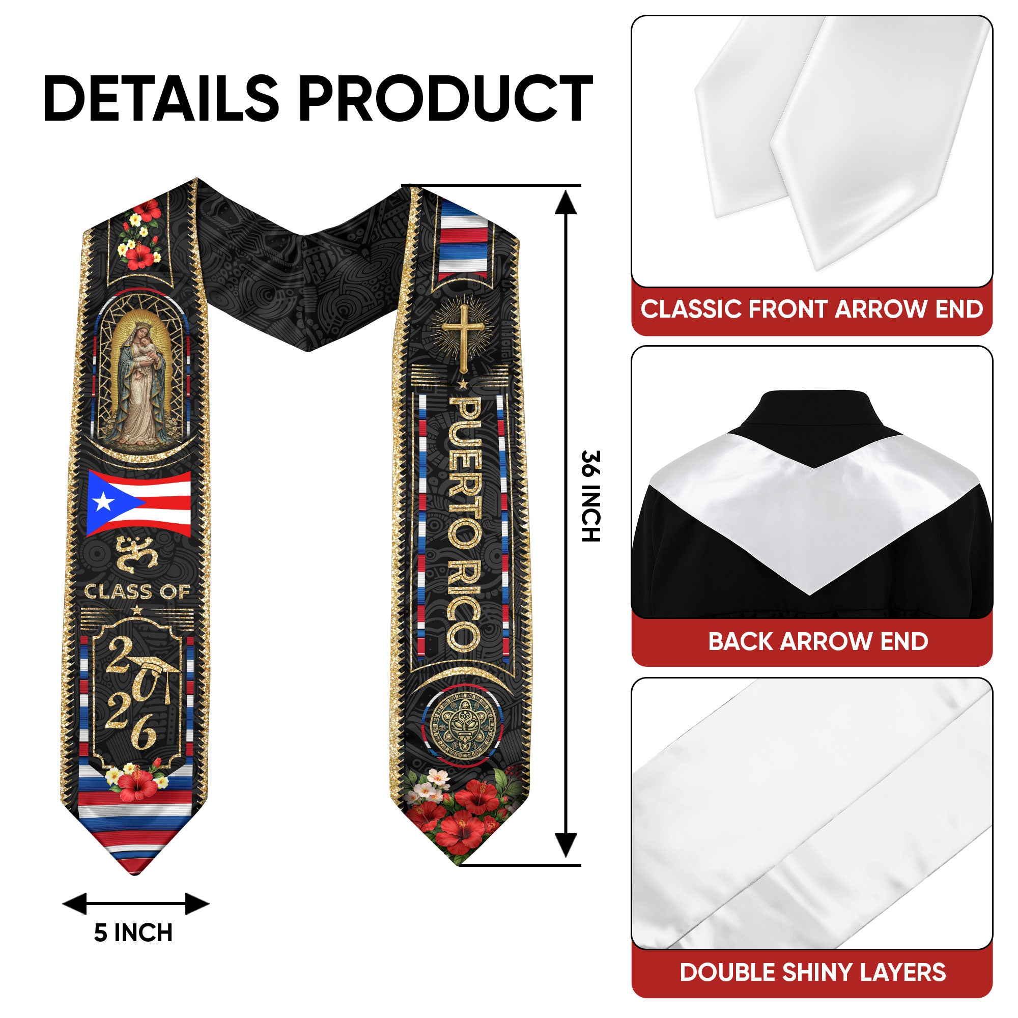 Puerto Rico Graduation Stole 2026 Virgin Mary Cross PR Flag Gold Glitter Sash