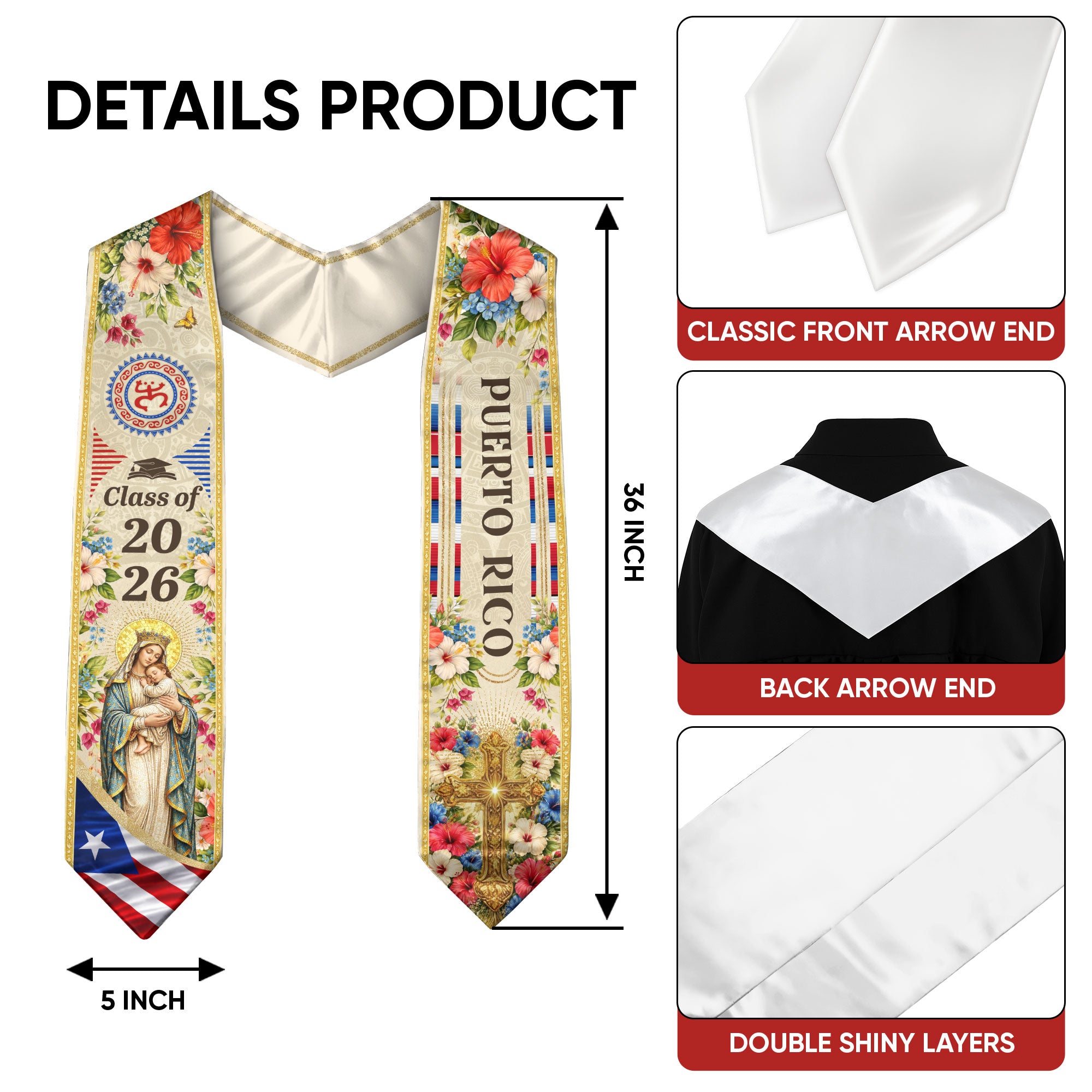 Puerto Rico Graduation Stole 2026 Virgin Mary Ivory Hibiscus PR Flag Sash