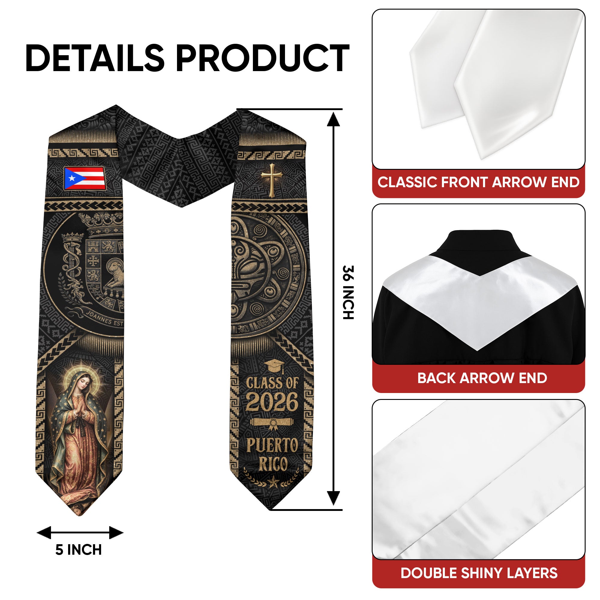 Puerto Rico Graduation Stole 2026 Virgin Mary Cross PR Flag Gold Ethnic Sash