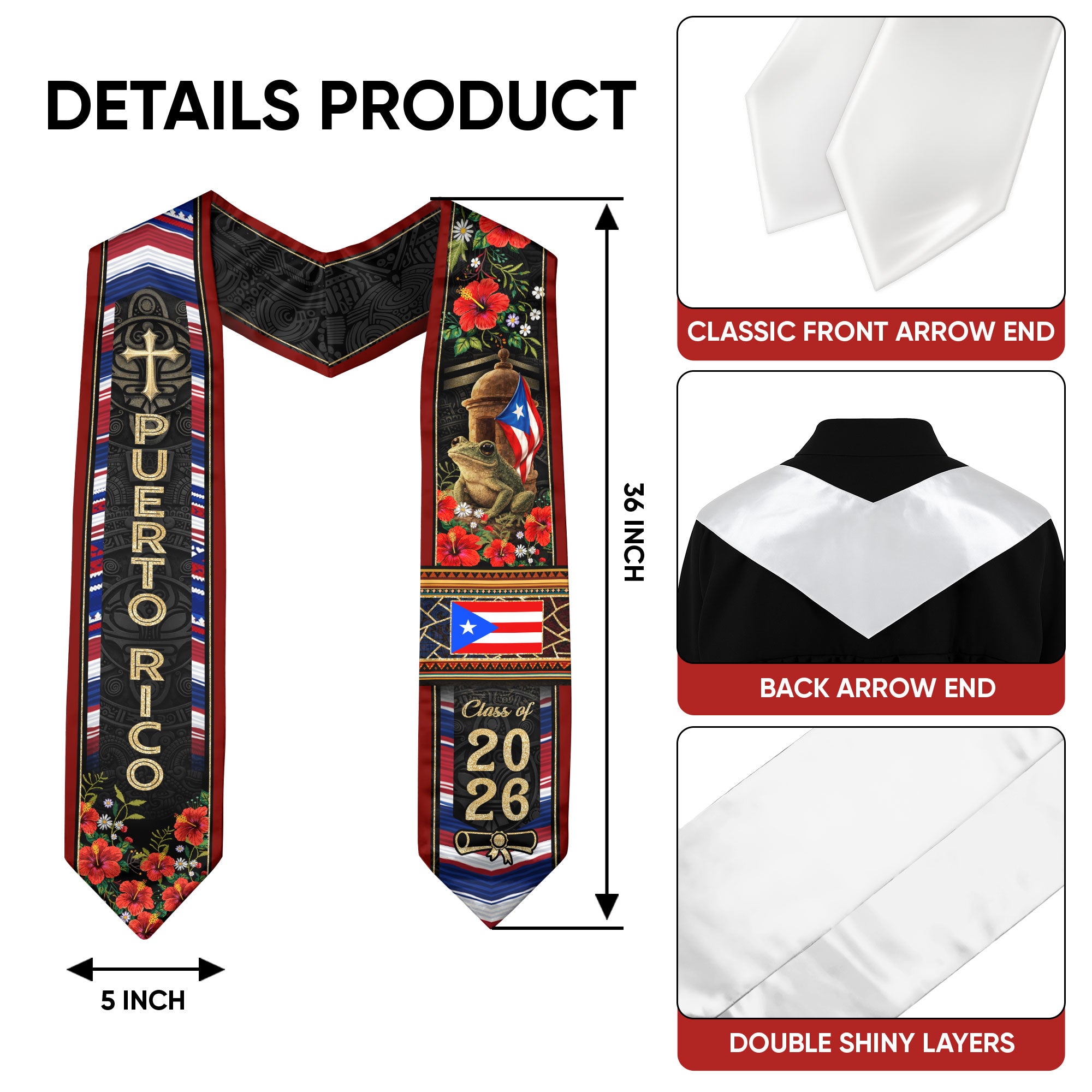 Puerto Rico Graduation Stole 2026 Coqui Frog Garita PR Flag Hibiscus Floral Sash