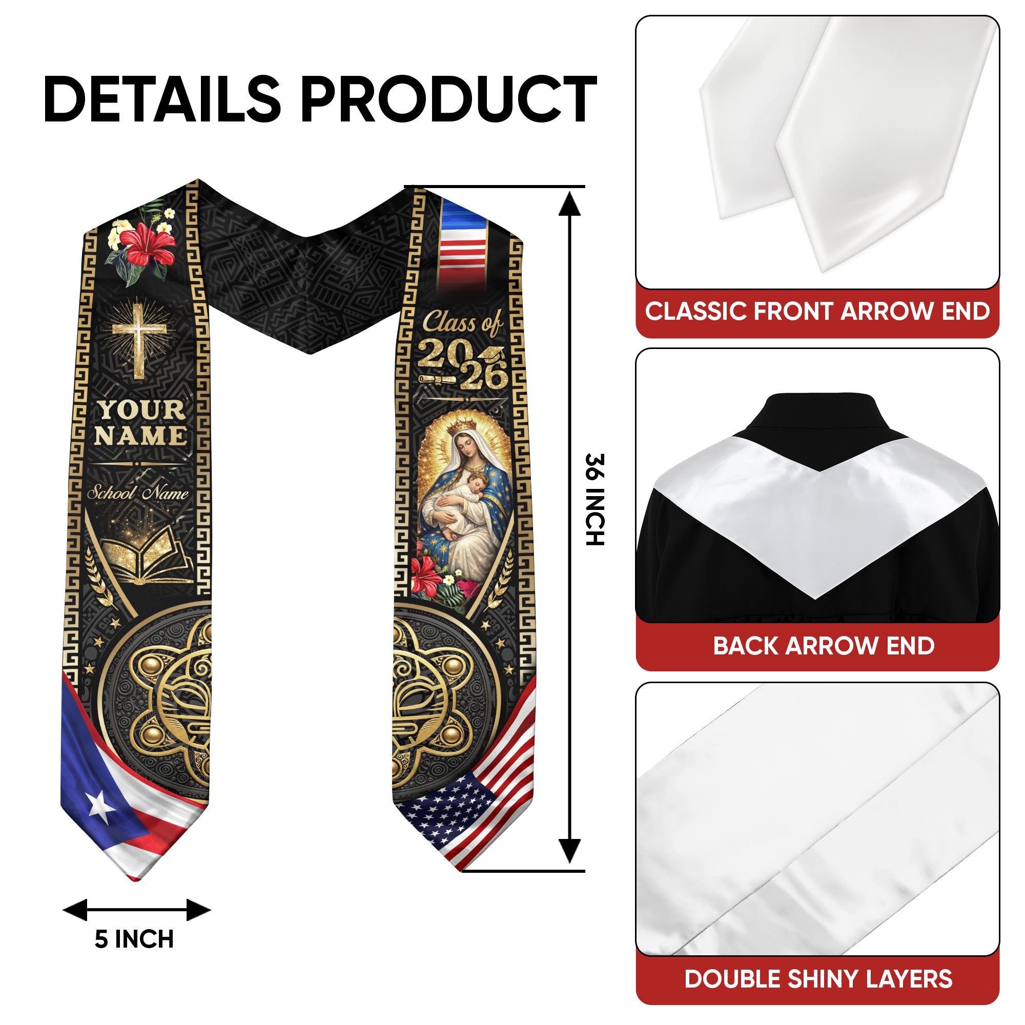 Puerto Rico USA Graduation Stole 2026 - Personalized Name Taino Heritage Sash