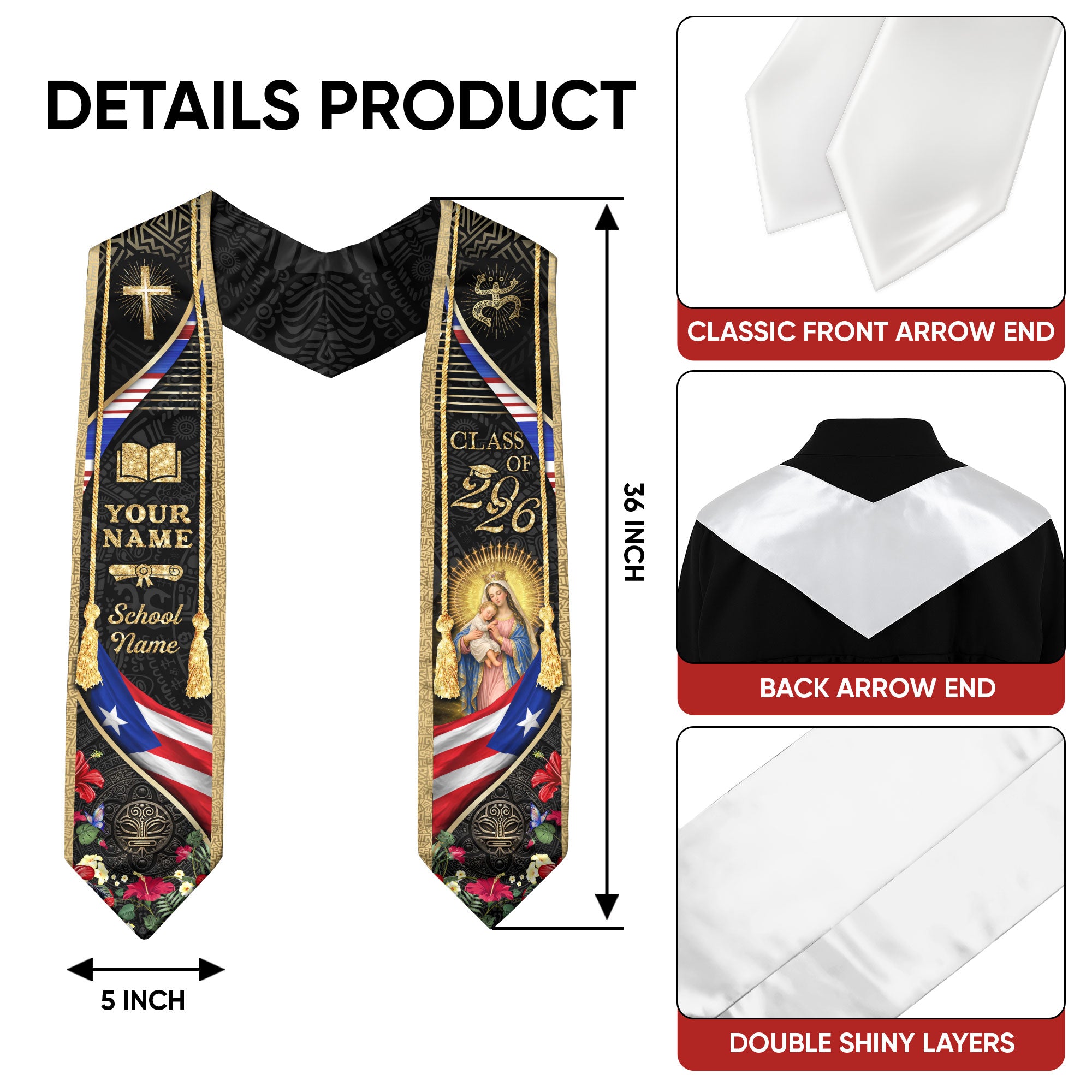 Boricua Pride Puerto Rico Graduation Stole - Custom Name School Coqui Floral Sash