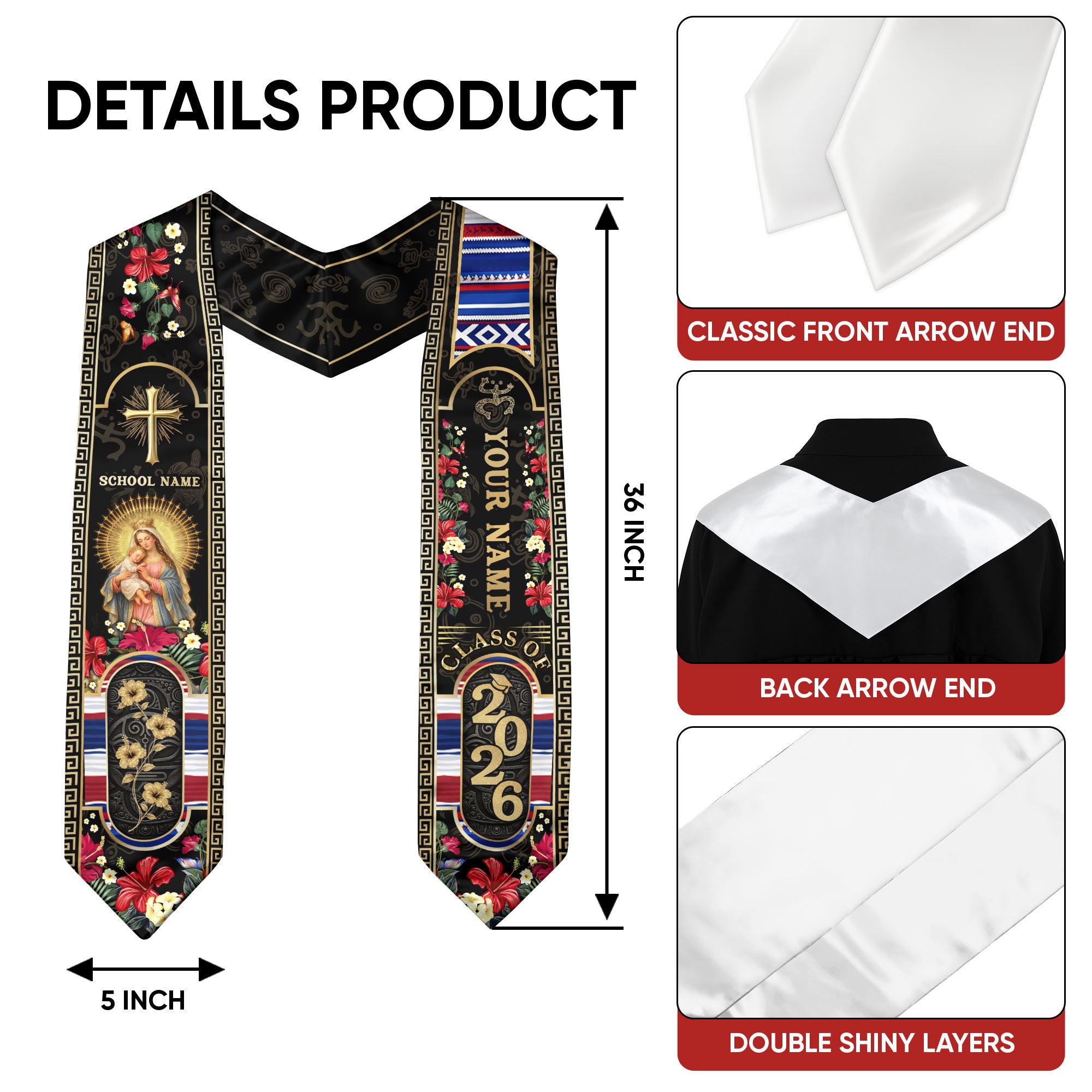 Puerto Rico Graduation Stole 2026 - Personalized Name School Coqui Floral Sash