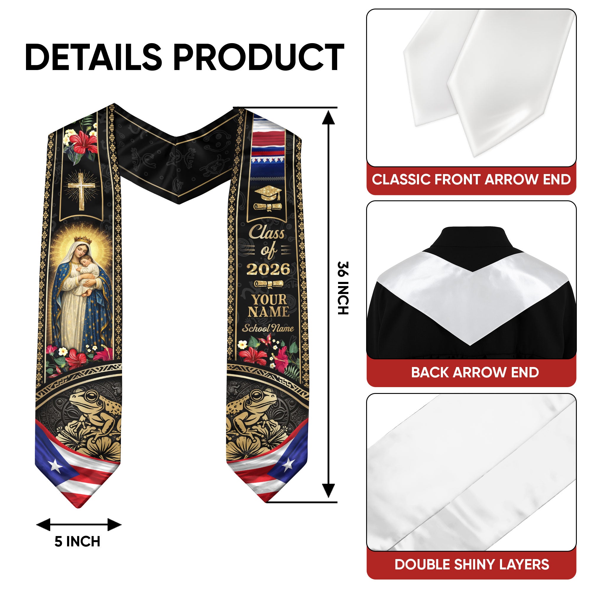 Custom Name Puerto Rico Graduation Stole 2026 - Virgin Mary & Coqui Heritage Print Sash