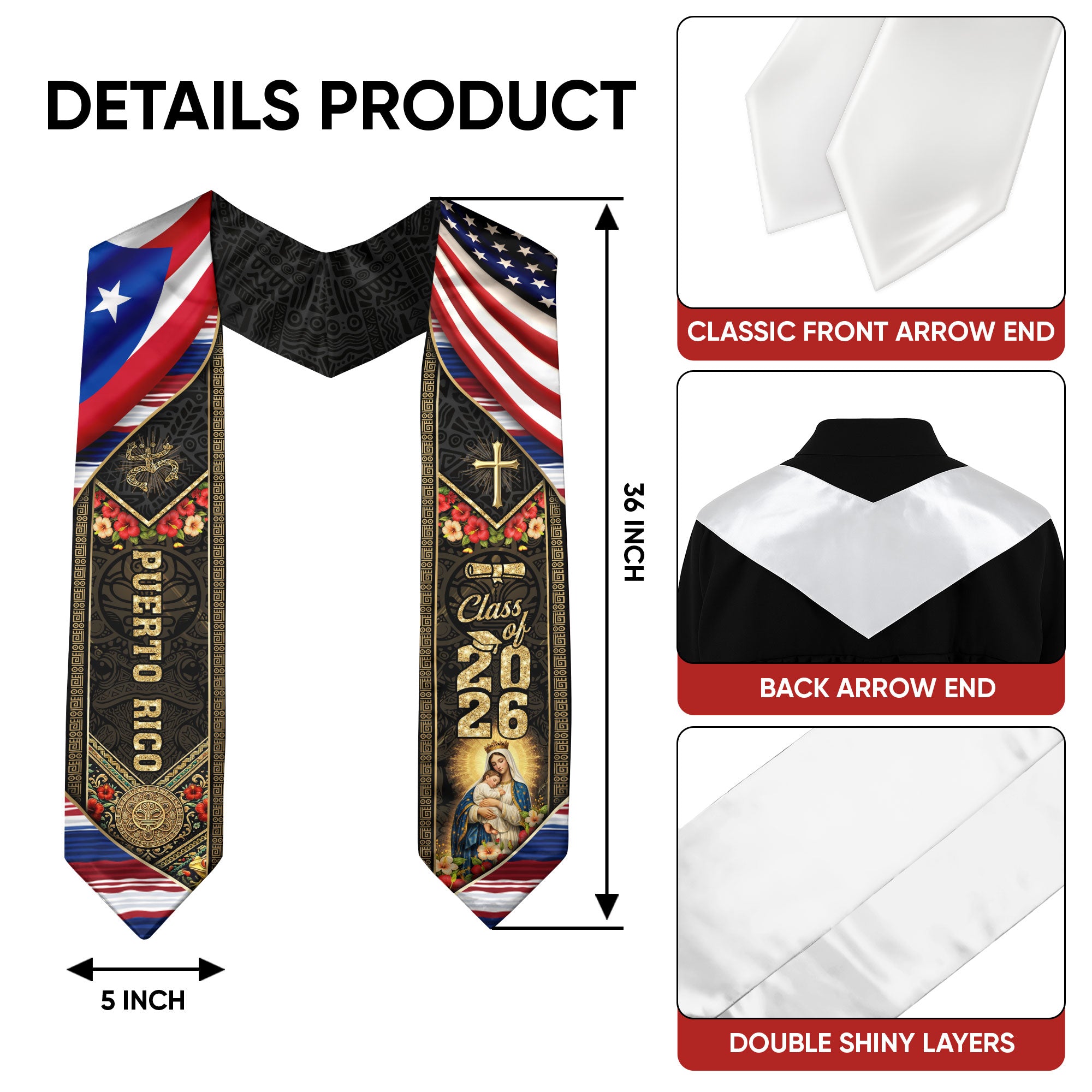 Puerto Rico USA Graduation Stole 2026 - Flag Shoulder Heritage Taino Floral Sash
