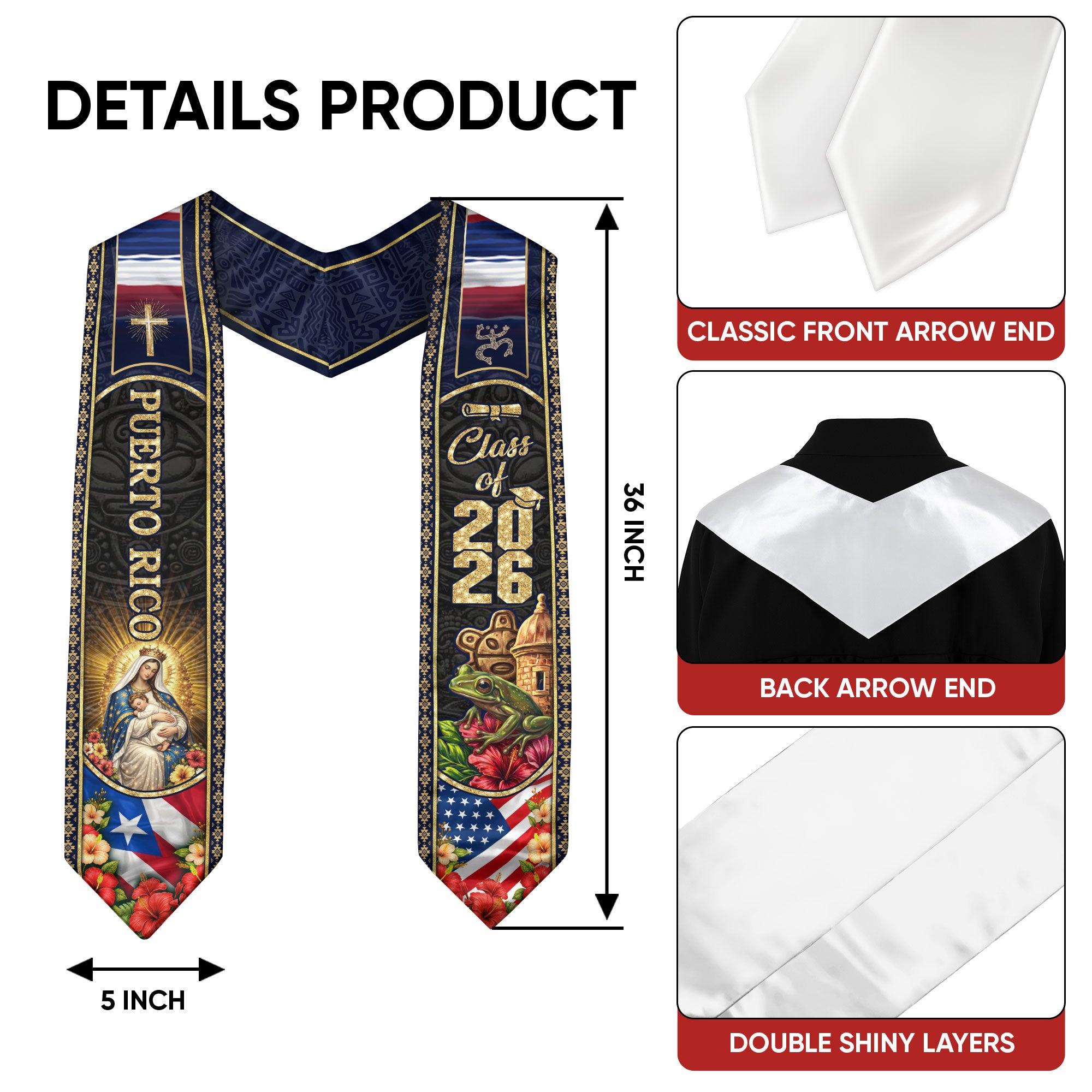 Puerto Rico USA Graduation Stole 2026 - Coqui El Morro & Taino Heritage Floral Sash