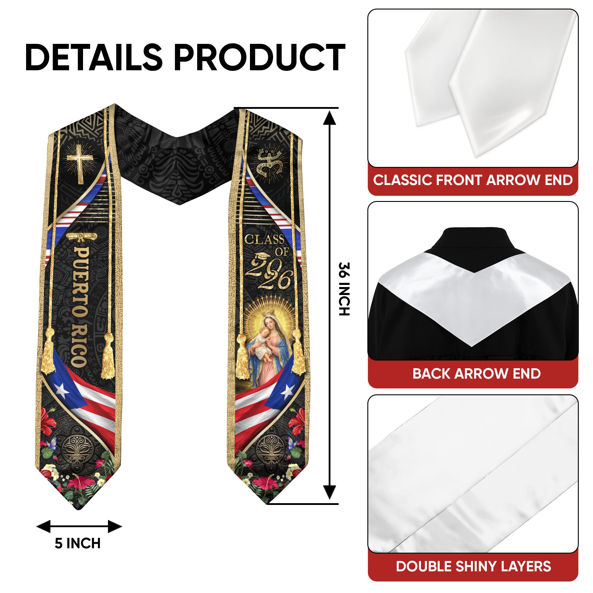 Puerto Rico Graduation Stole Class of 2026 Puerto Rican Graduation Sash Faith Flag Pride