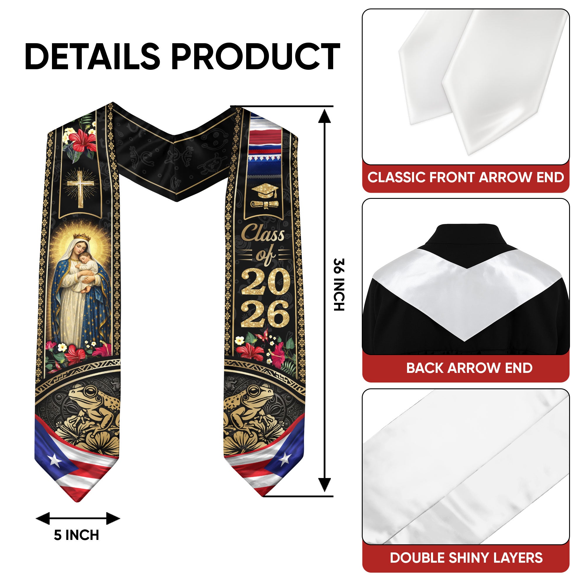 Puerto Rico Graduation Stole Class of 2026 Puerto Rican Graduation Sash Cultural Faith Pride