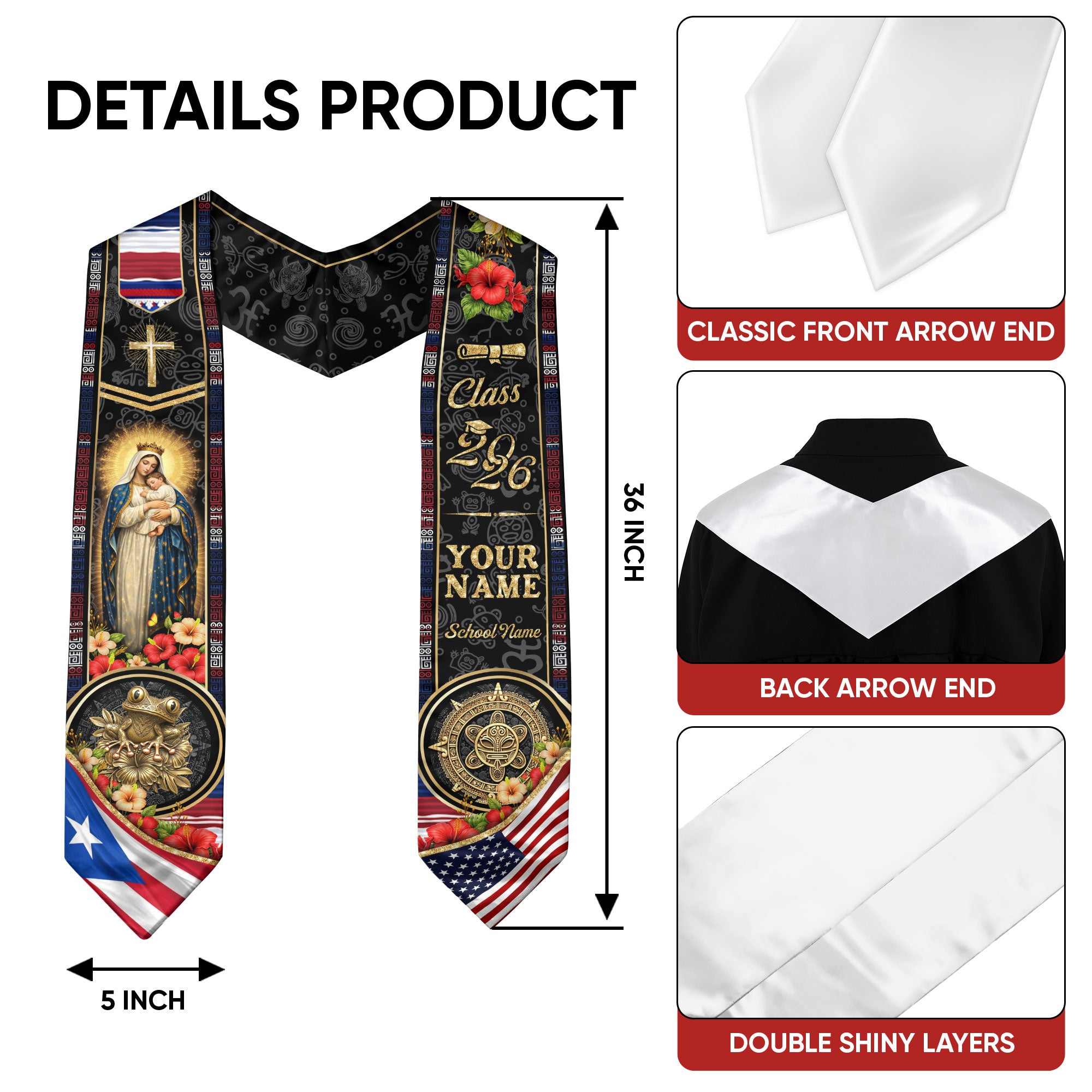 Custom Puerto Rico USA Graduation Stole 2026 Virgin Mary Cross Faith Flag Sash Gift