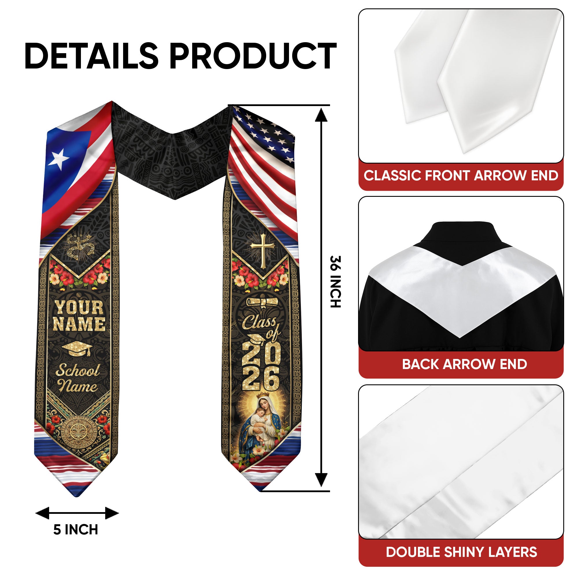 Custom Graduation Stole Class of 2026 Puerto Rico Virgin Mary Coqui Frog Personalized Name Sash