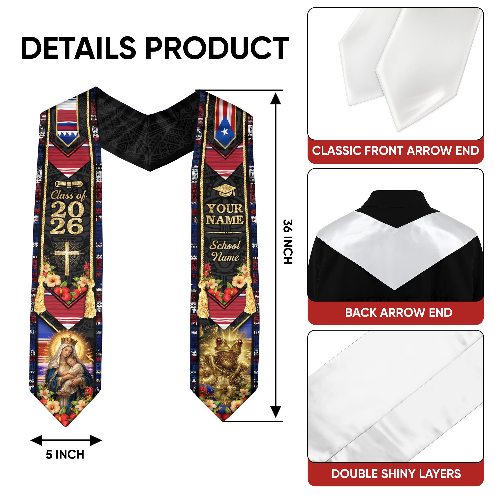 Custom Graduation Stole Class of 2026 Puerto Rico USA Virgin Mary Coqui Frog Personalized Name Sash