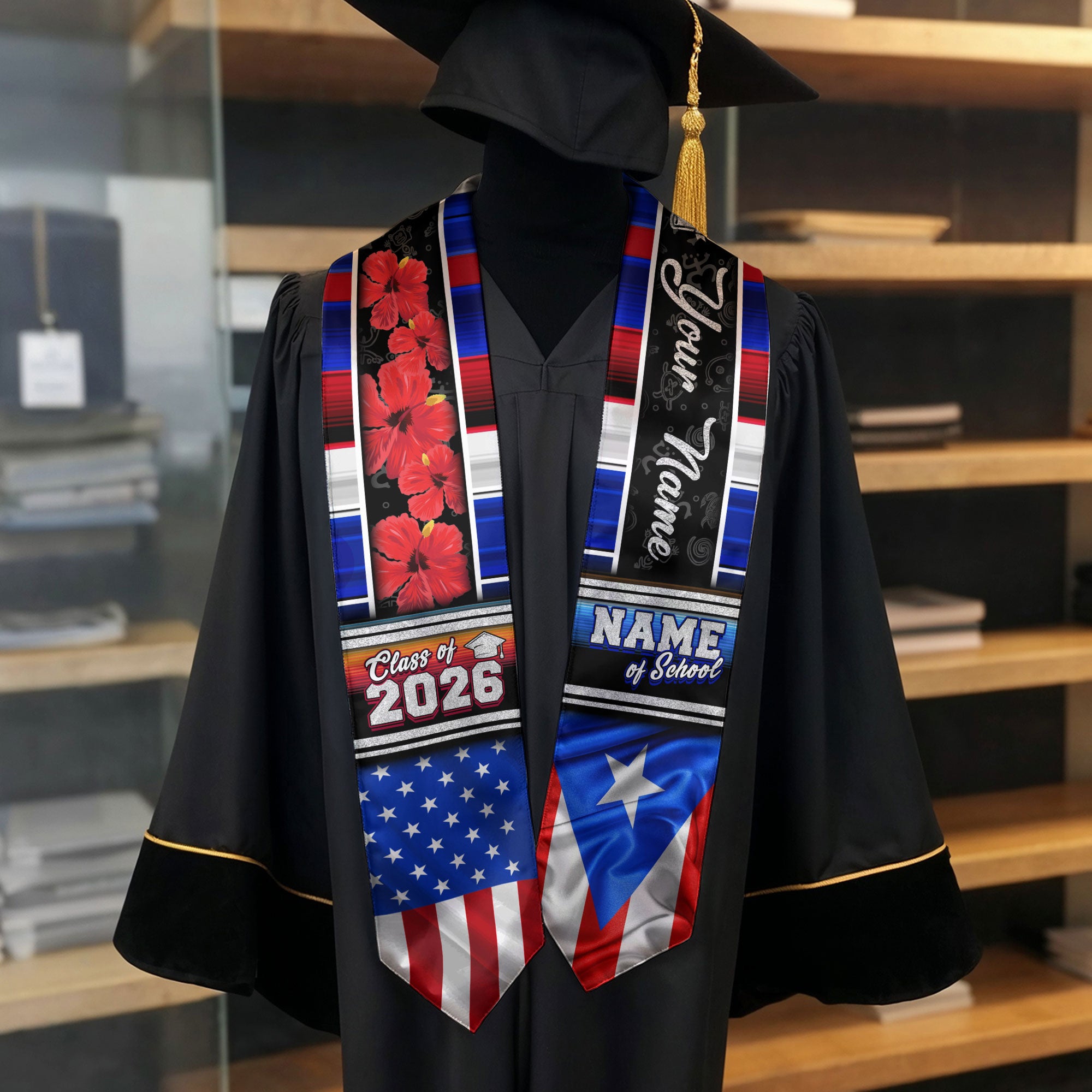 Personalized Puerto Rican Graduation Stole 2026 Custom Name USA Flag Boricua Sash