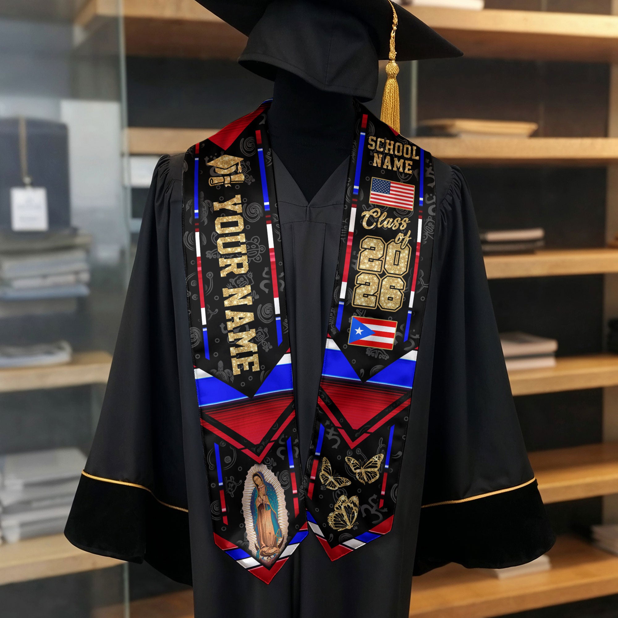 Puerto Rico Heritage Graduation Sash 2026 Virgin Mary Floral Hibiscus Custom Stole