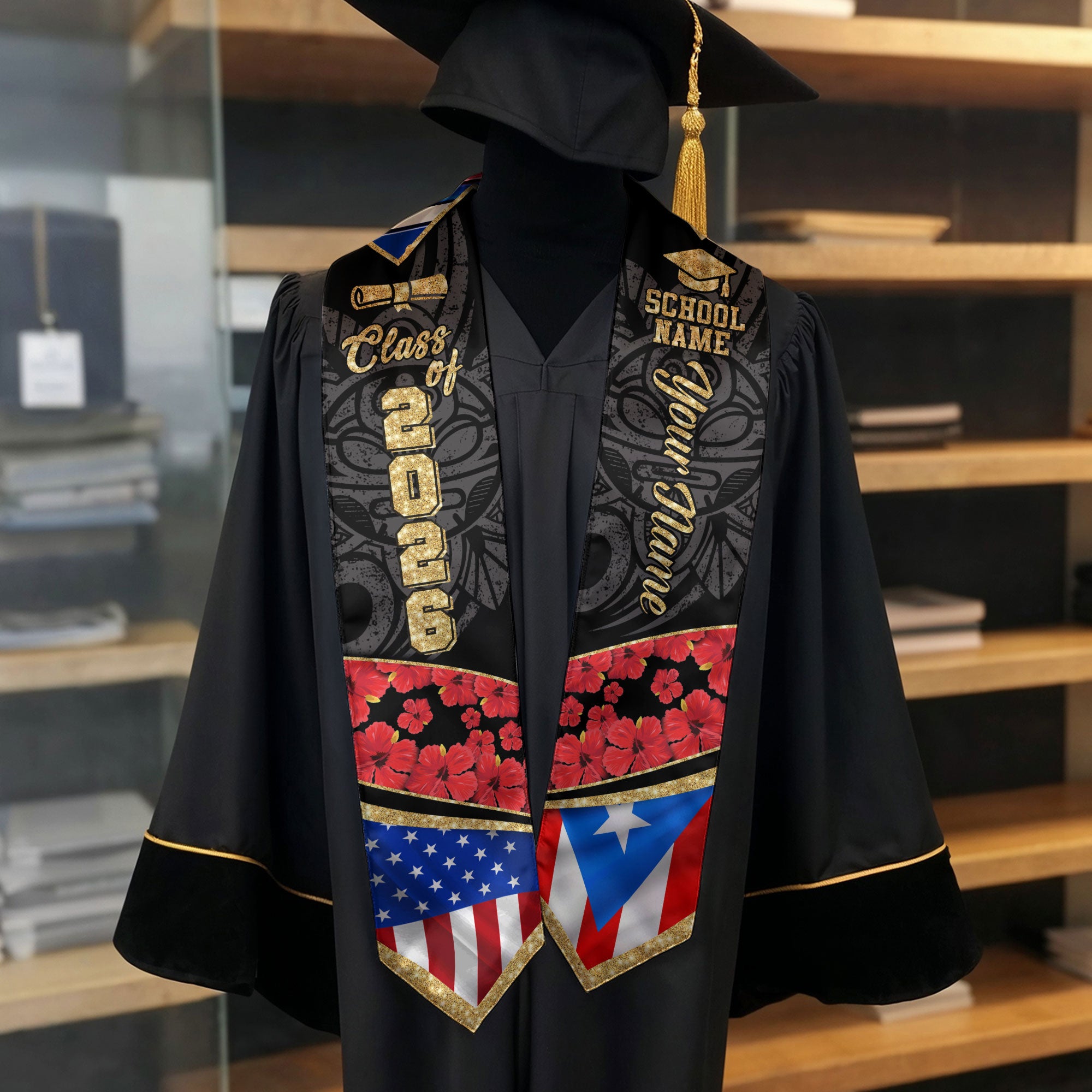Custom Puerto Rico American Floral Hibiscus Flag Heritage Graduation Sash 2026 Stole