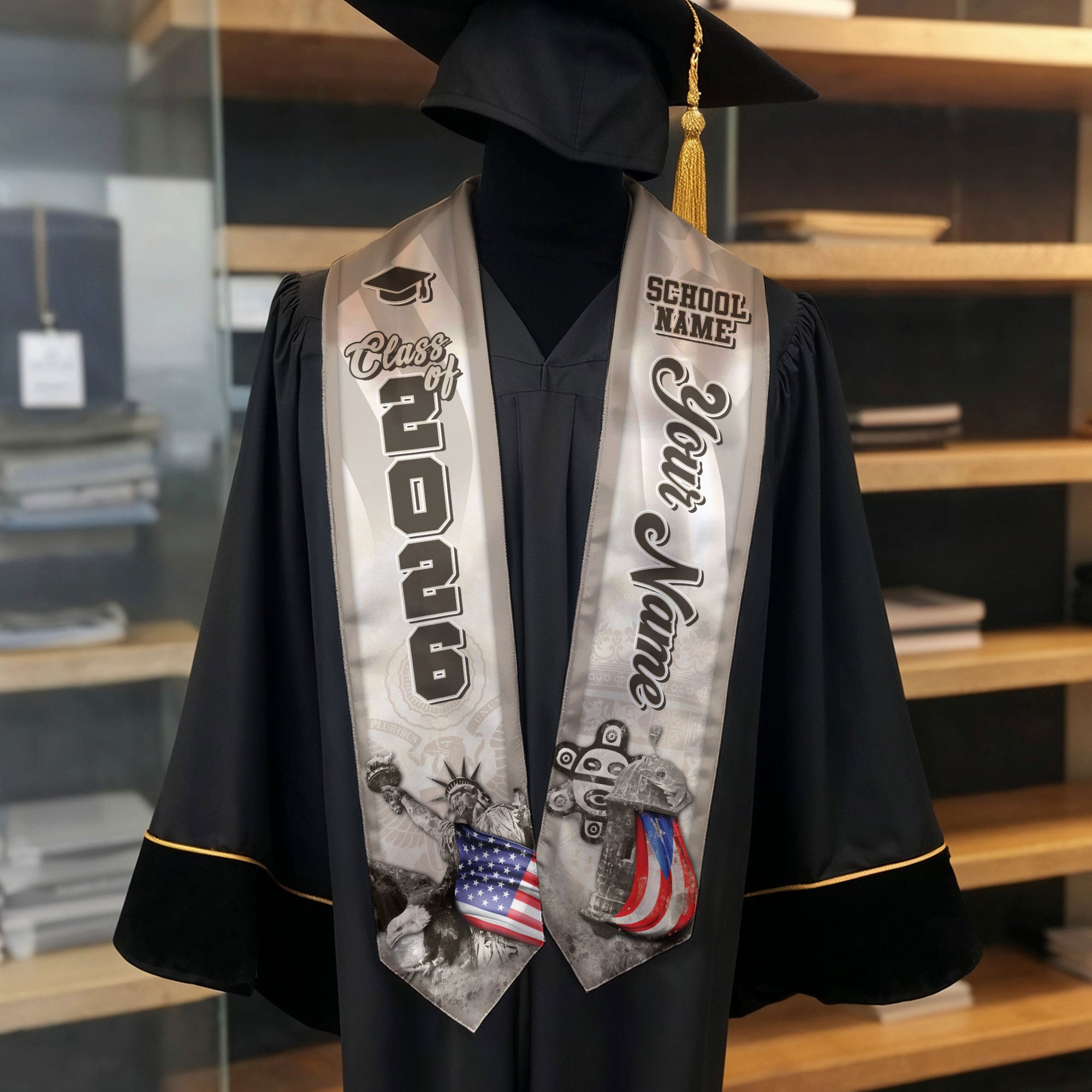 Puerto Rico Graduation Stole 2026 Statue of Liberty & Native Taino Mask Symbols Custom Sash