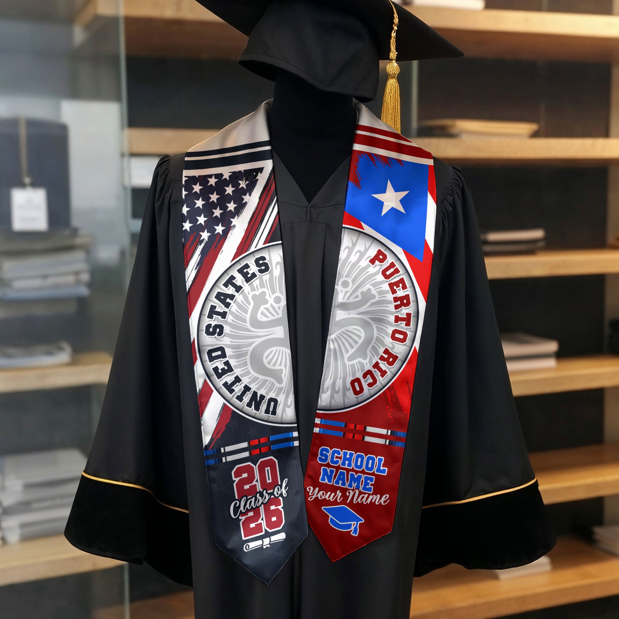 Puerto Rico Coat of Arms Heritage Graduation Sash Class of 2026 Custom USA Flag Stole
