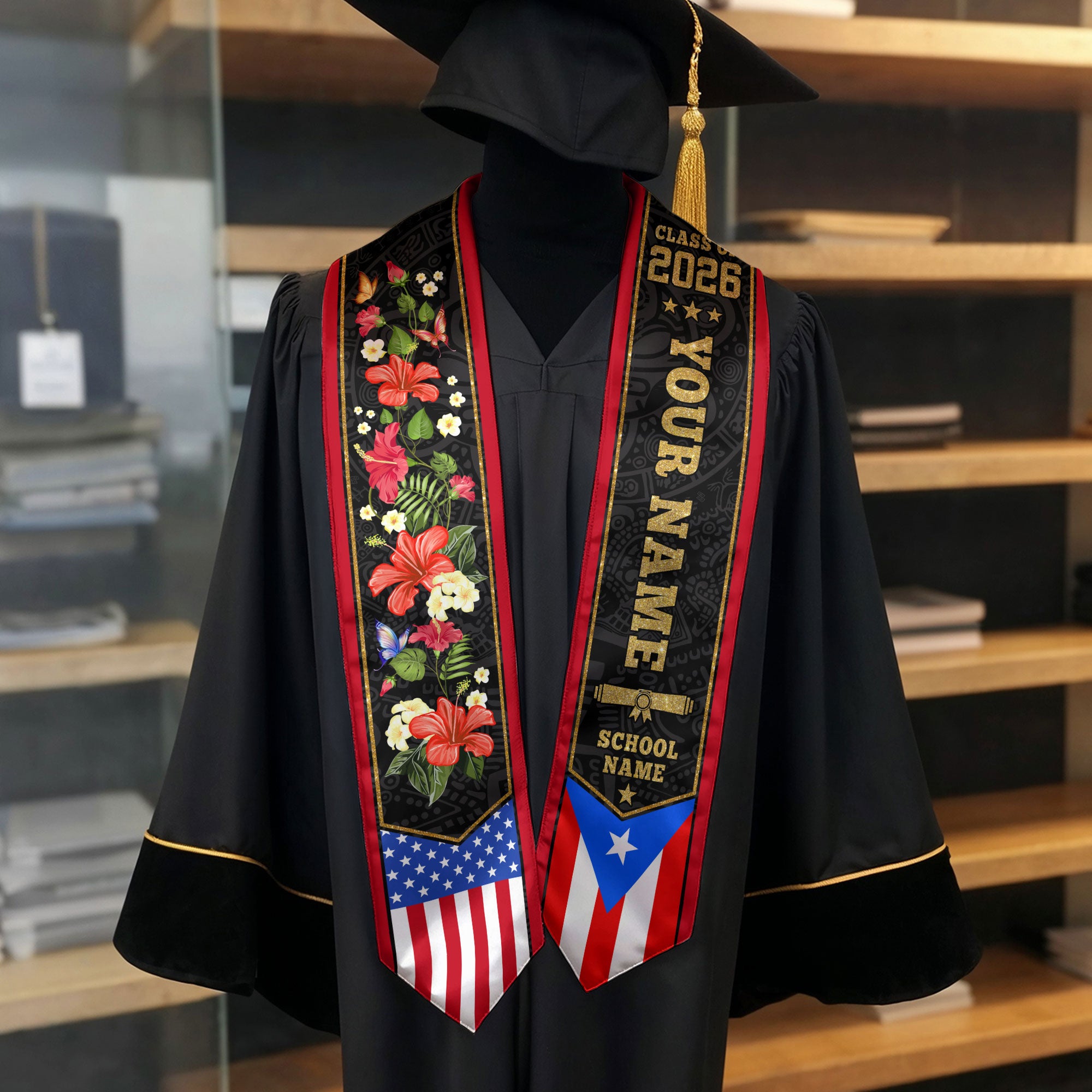 Puerto Rico USA Flag Graduation Stole Custom Name Class of 2026 Hibiscus Sash