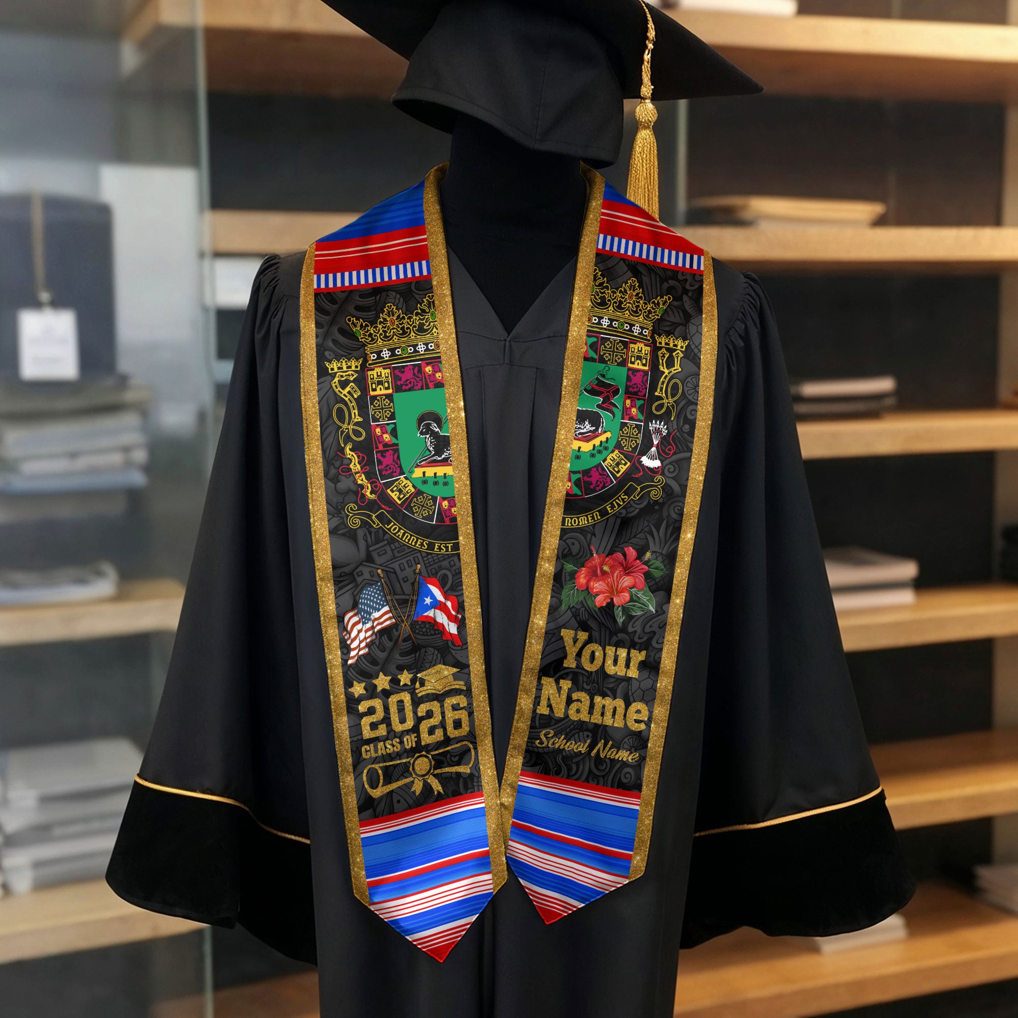 Custom Puerto Rico American Flag Coat of Arms Graduation Sash Class of 2026 Stole