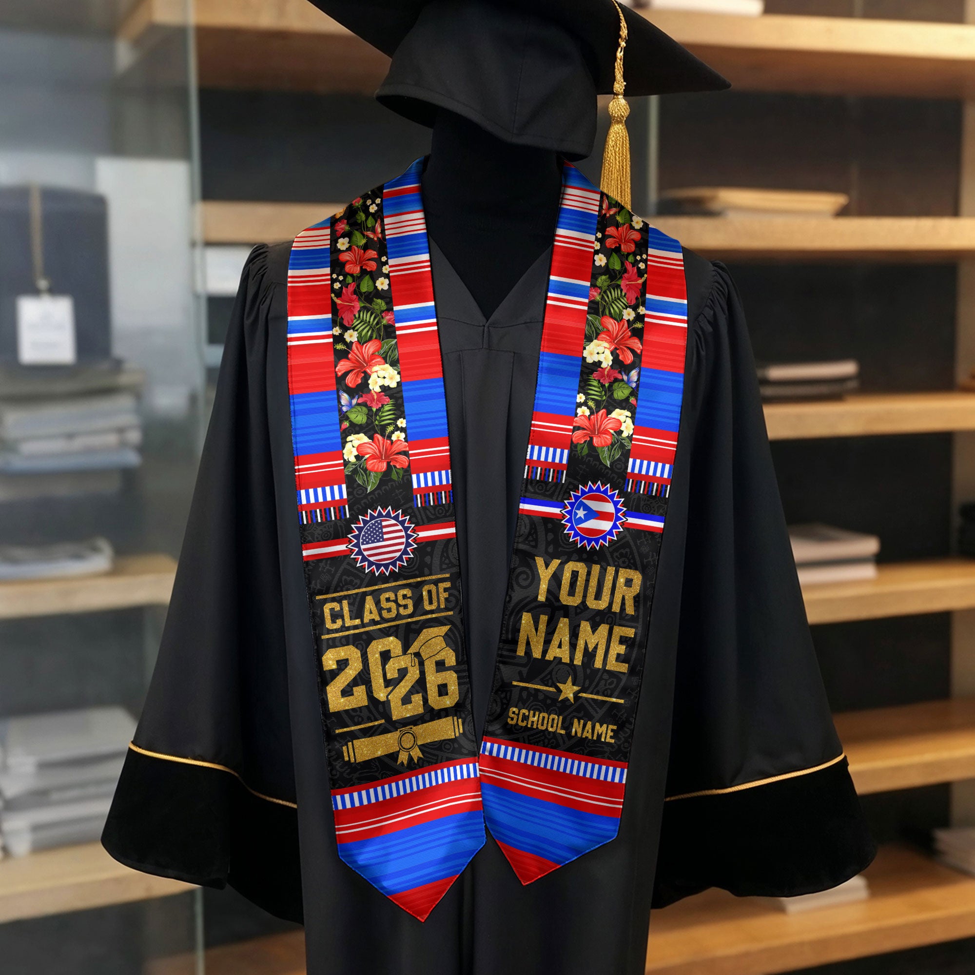 Puerto Rico Heritage Graduation Sash 2026 Custom American Flag Floral Boricua Stole