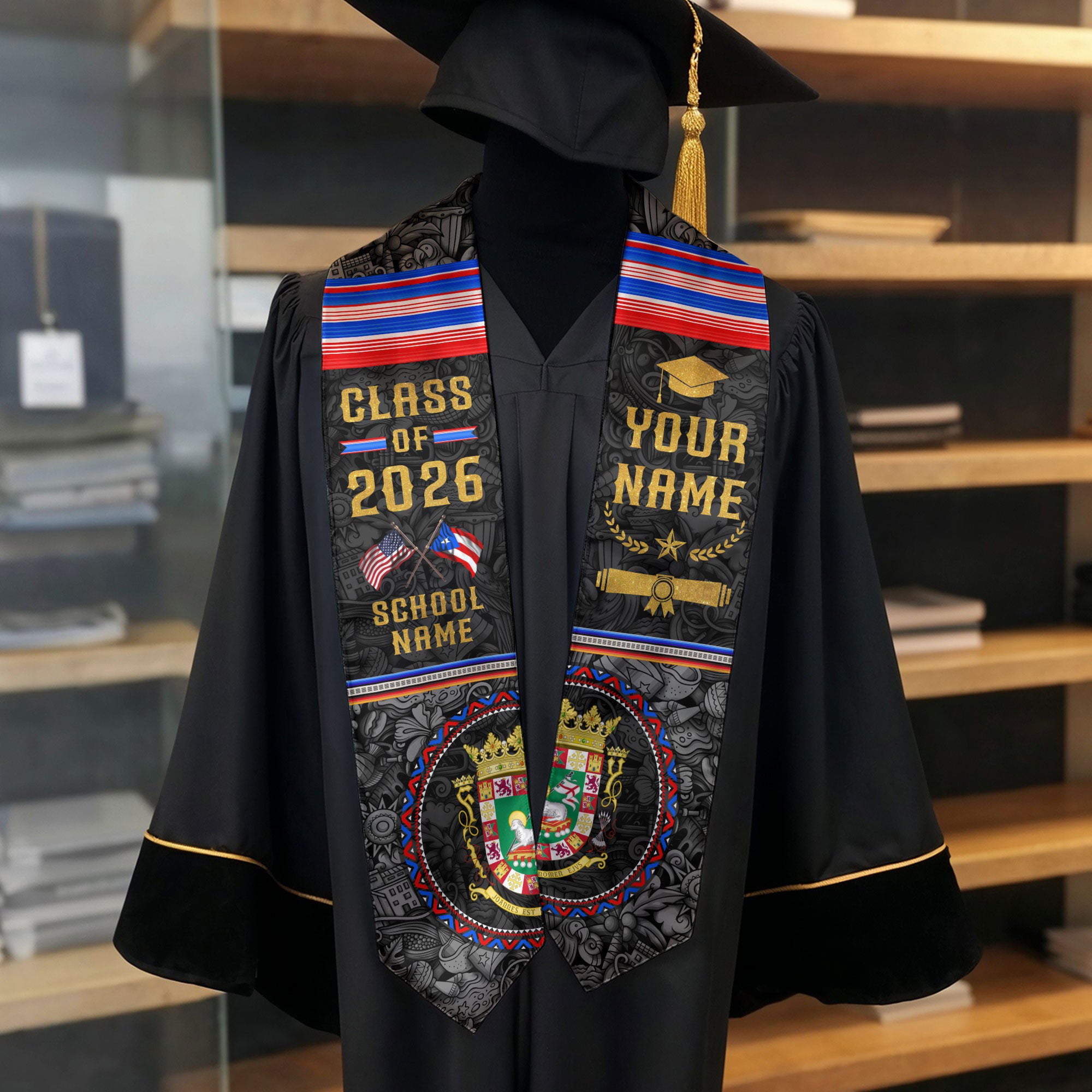 Personalized Puerto Rican Heritage Graduation Stole 2026 USA Flag Custom Name Sash