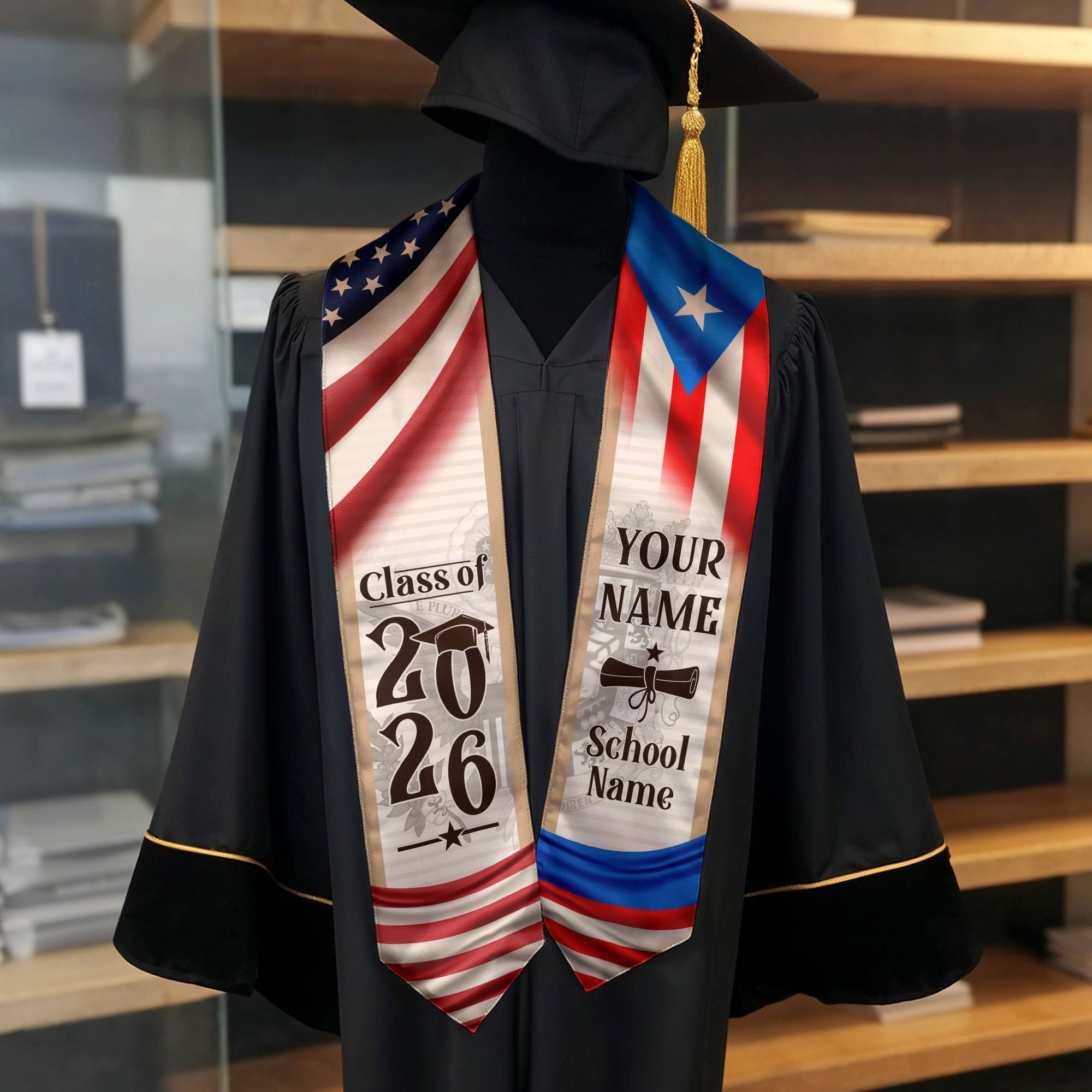 Puerto Rico Heritage Graduation Sash 2026 Custom Floral Hibiscus Vintage Flag Stole