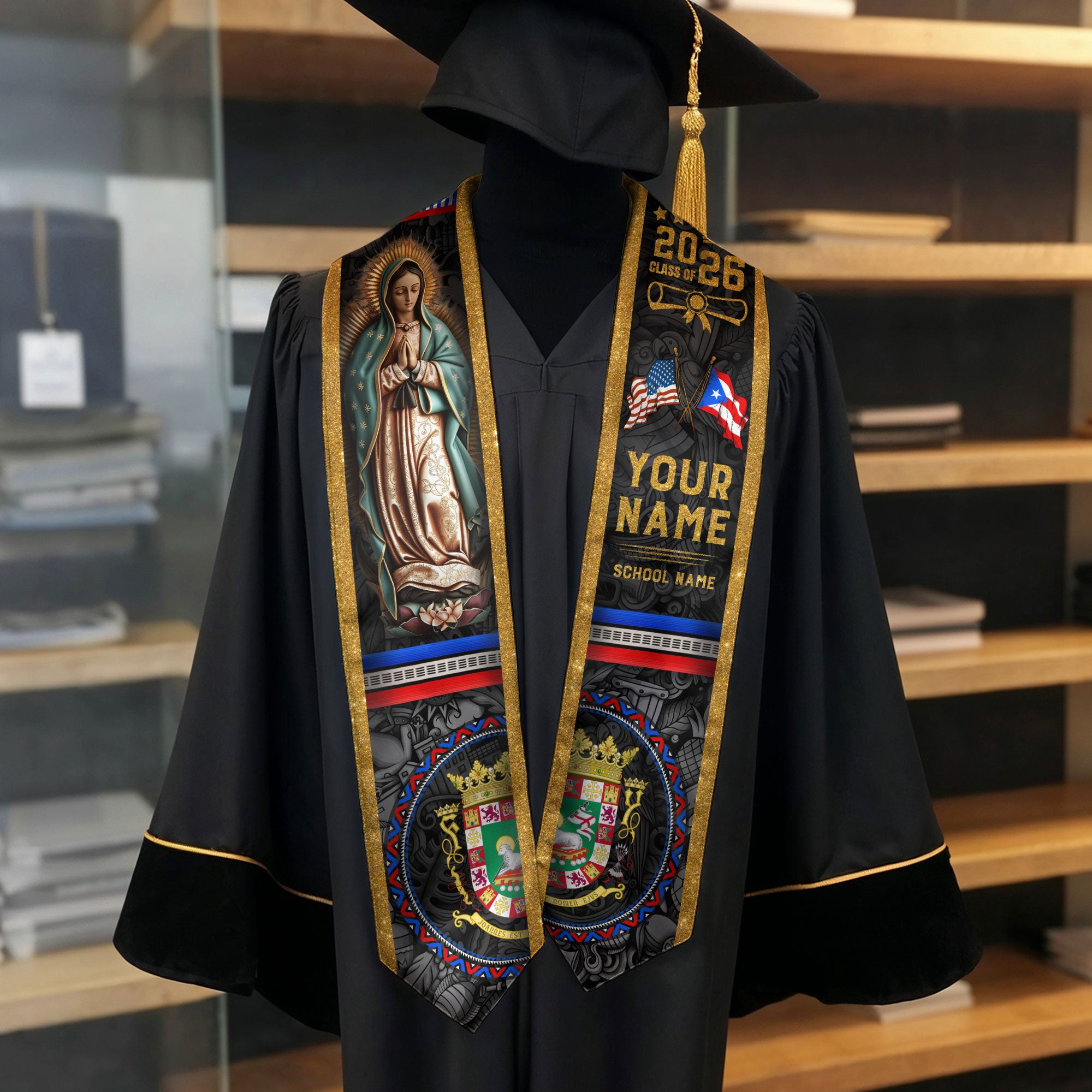 Custom Puerto Rico American Flag Graduation Sash Virgin Mary 2026 Graduation Stole