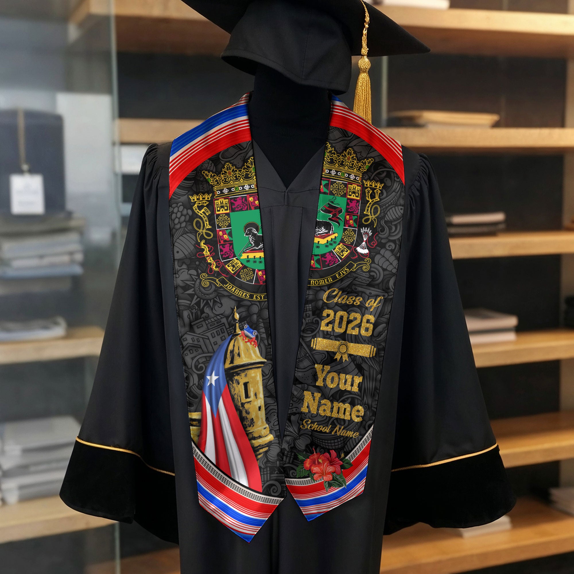 Custom Puerto Rico Graduation Stole 2026 El Morro Fortress Coat of Arms Graduation Sash