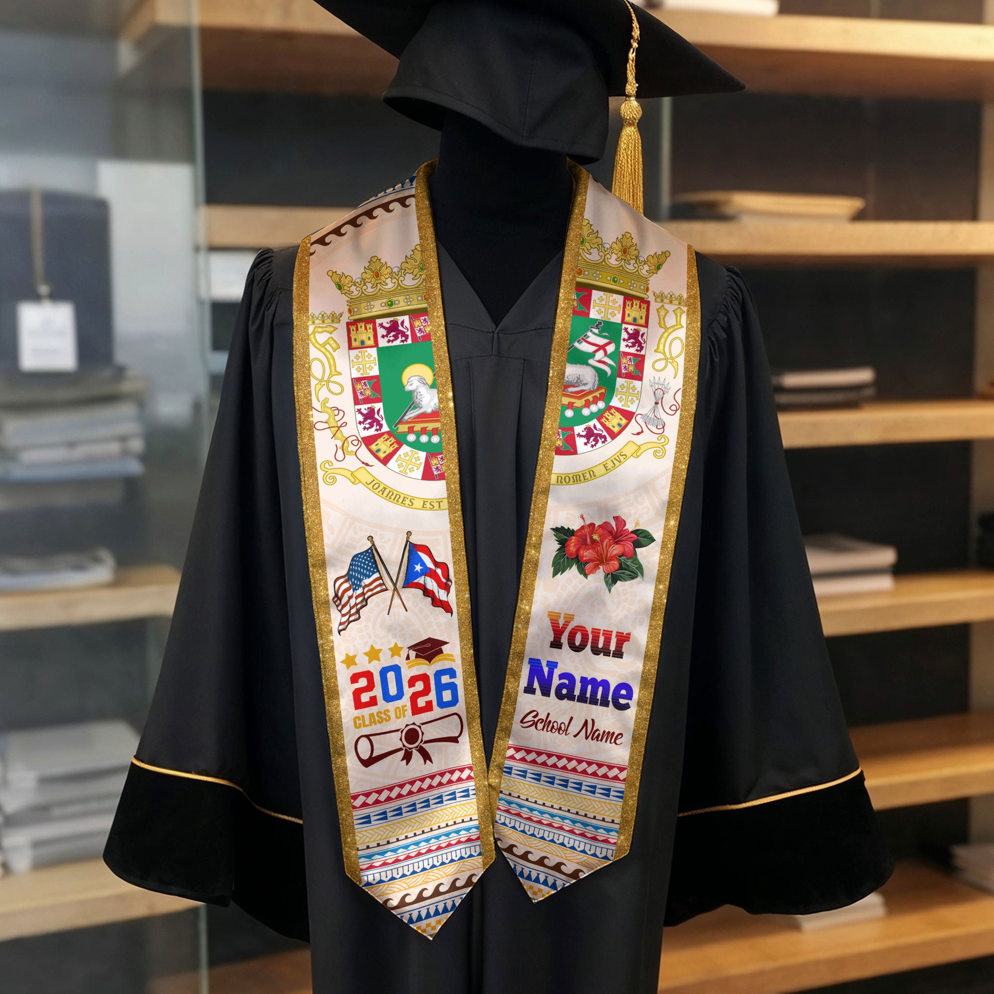 Puerto Rico Graduation Stole 2026 Custom Puerto Rican American Flag Sash Class of 2026