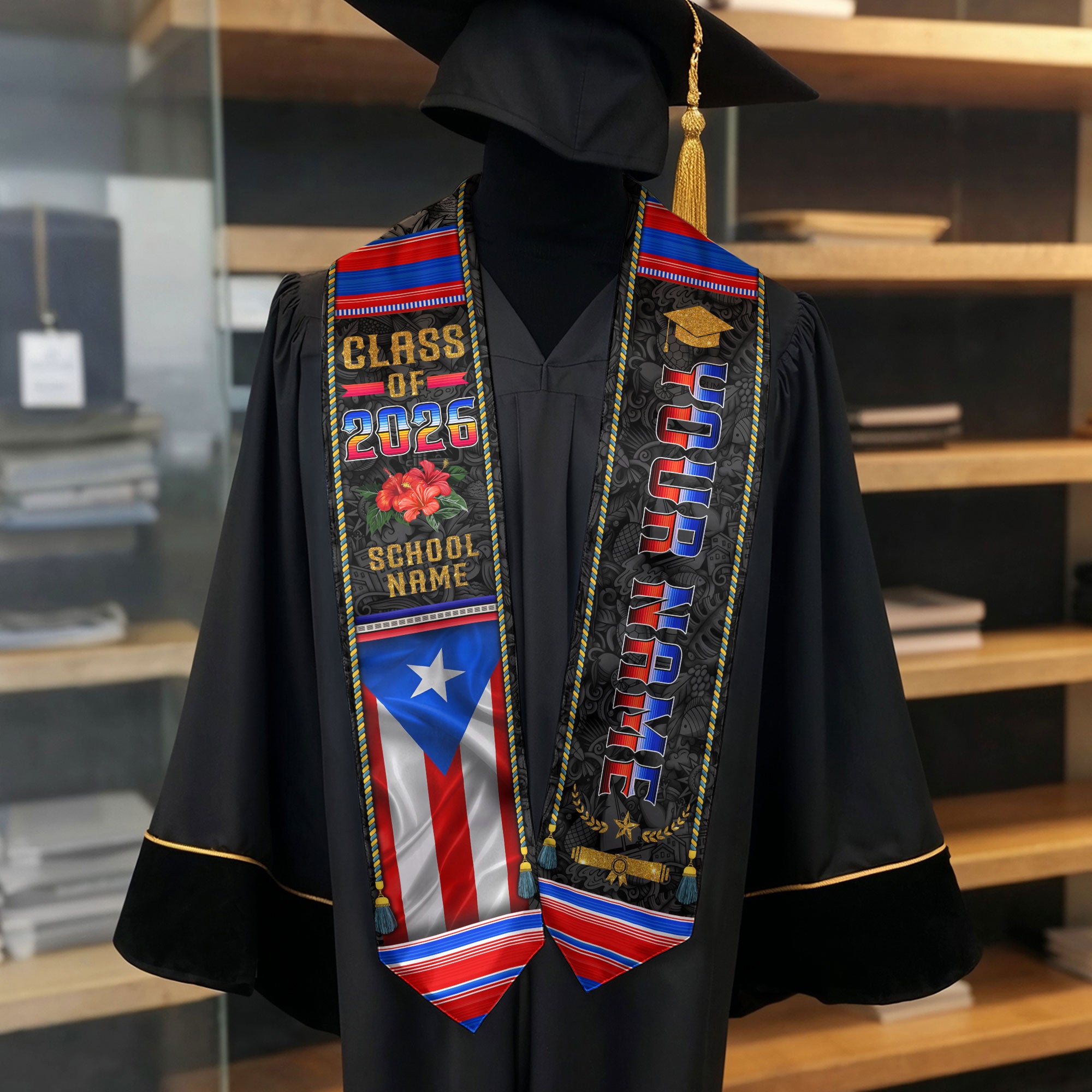 Puerto Rico Graduation Stole 2026 Vintage Custom Puerto Rican Flag Sash Class of 2026