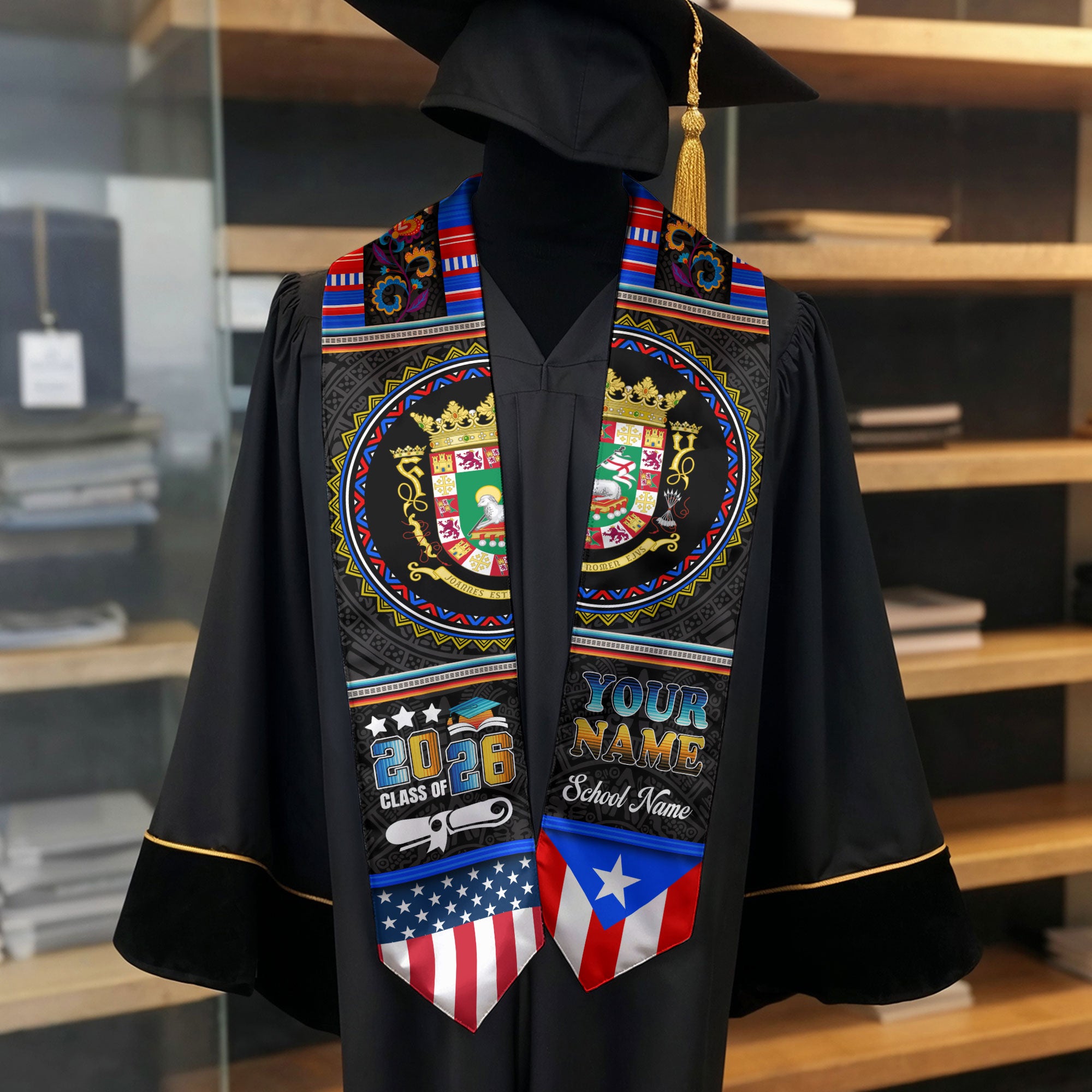 Custom Puerto Rico Graduation Stole 2026 Heritage American Flag Sash Class of 2026