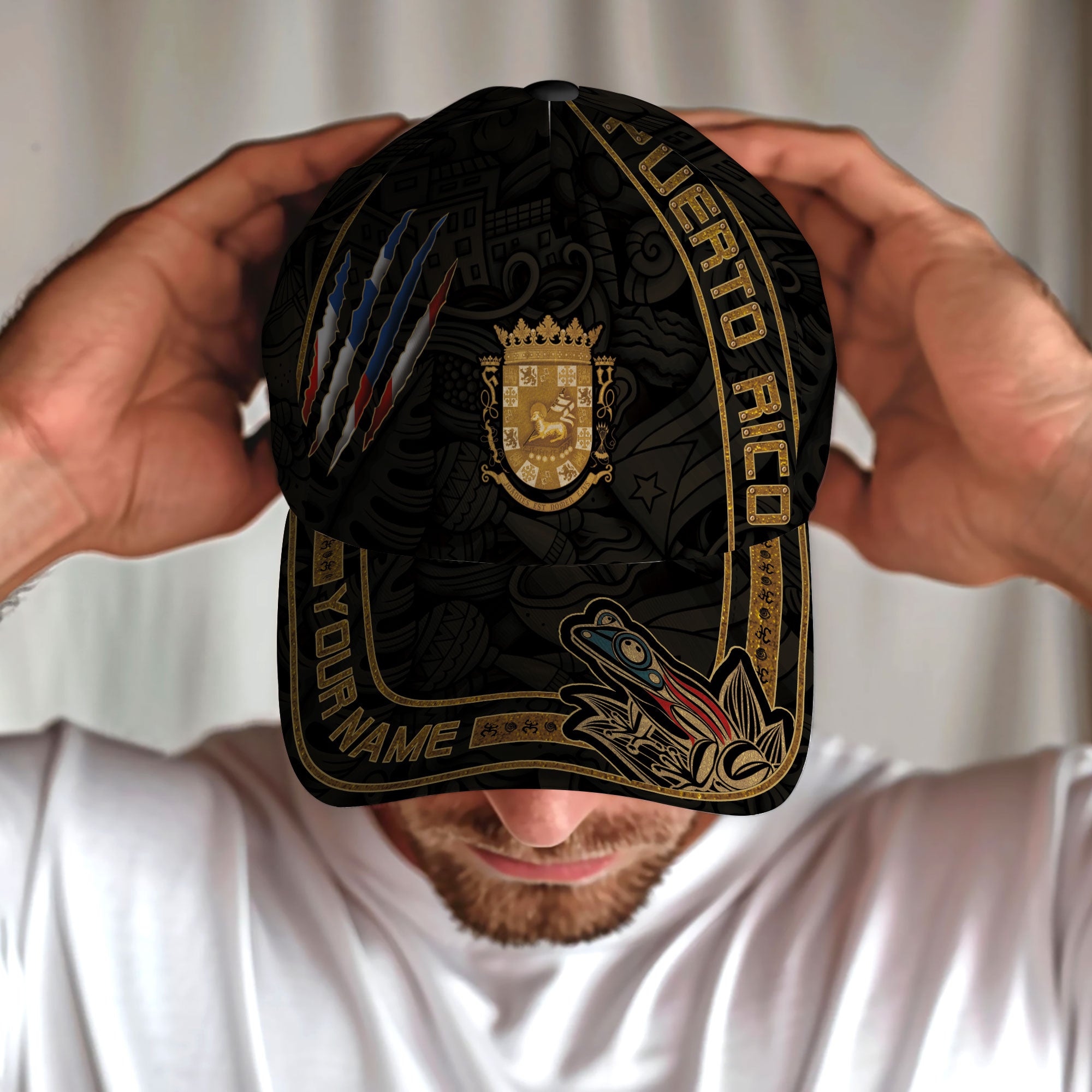 Puerto Rico Baseball Cap Boricua Coat of Arms Custom Name Coqui Frog Heritage Hat