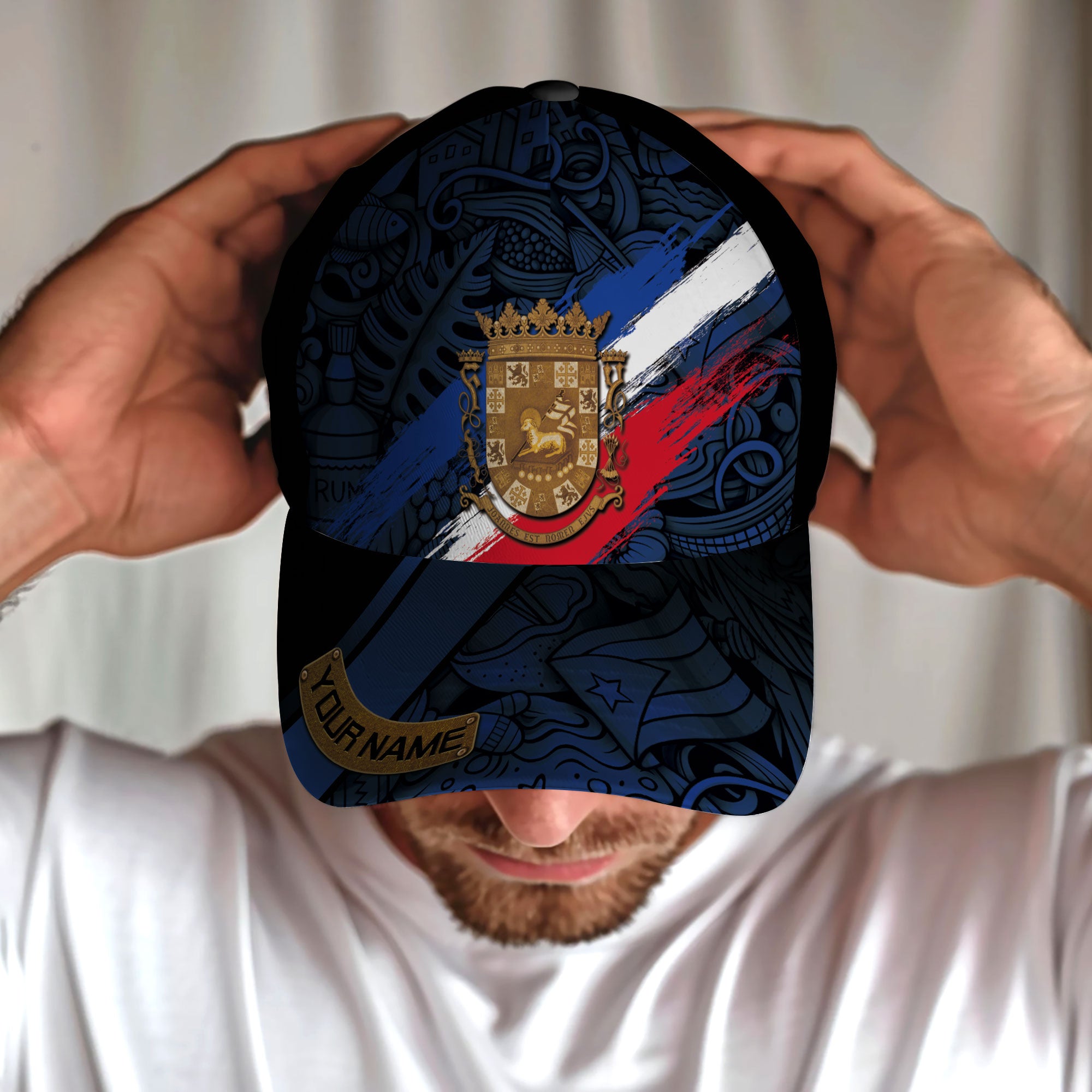 Puerto Rico Baseball Cap Boricua Coat of Arms Custom Name Blue Red Heritage Hat