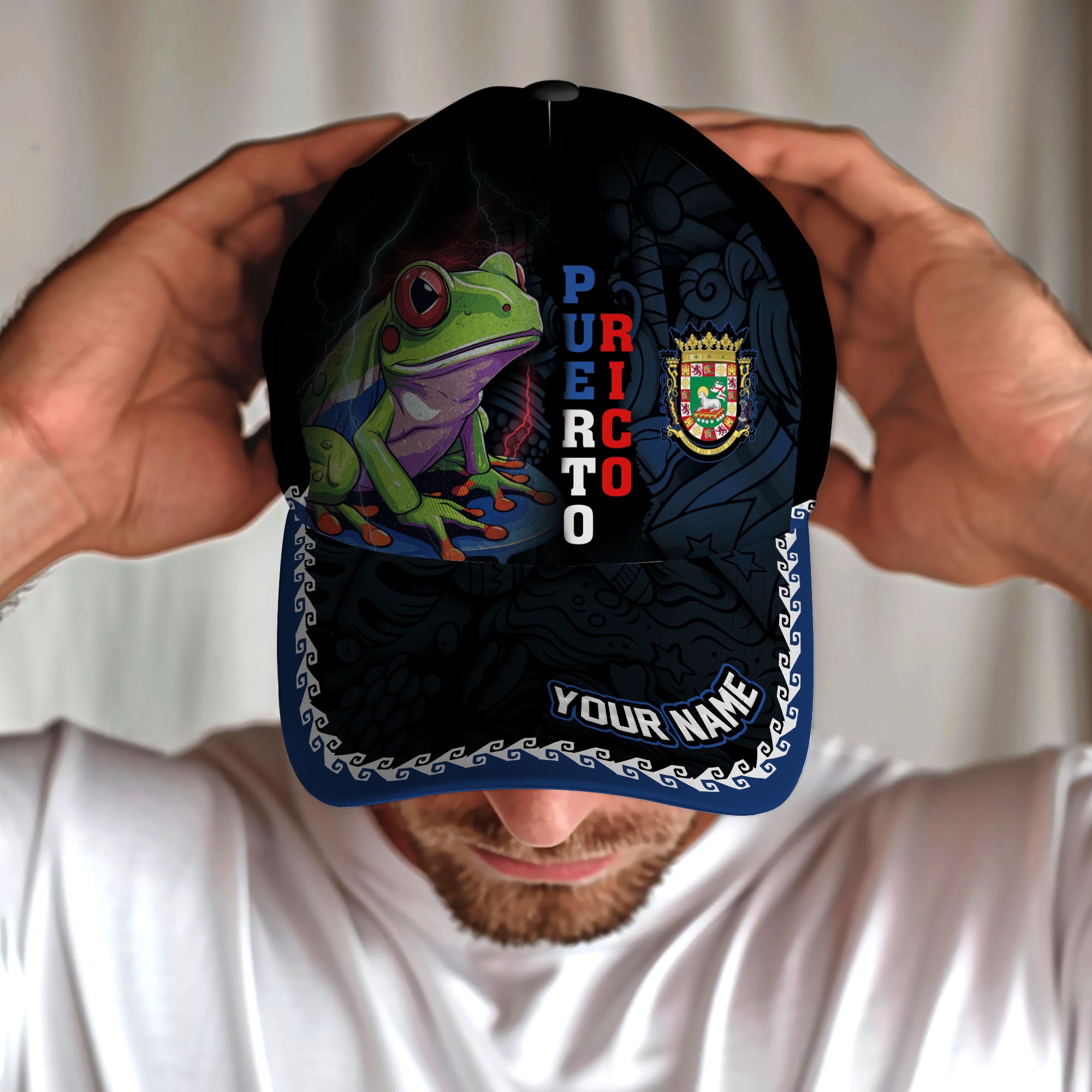 Puerto Rico Baseball Cap Coqui Frog Wave Design Custom Name Boricua Heritage Hat