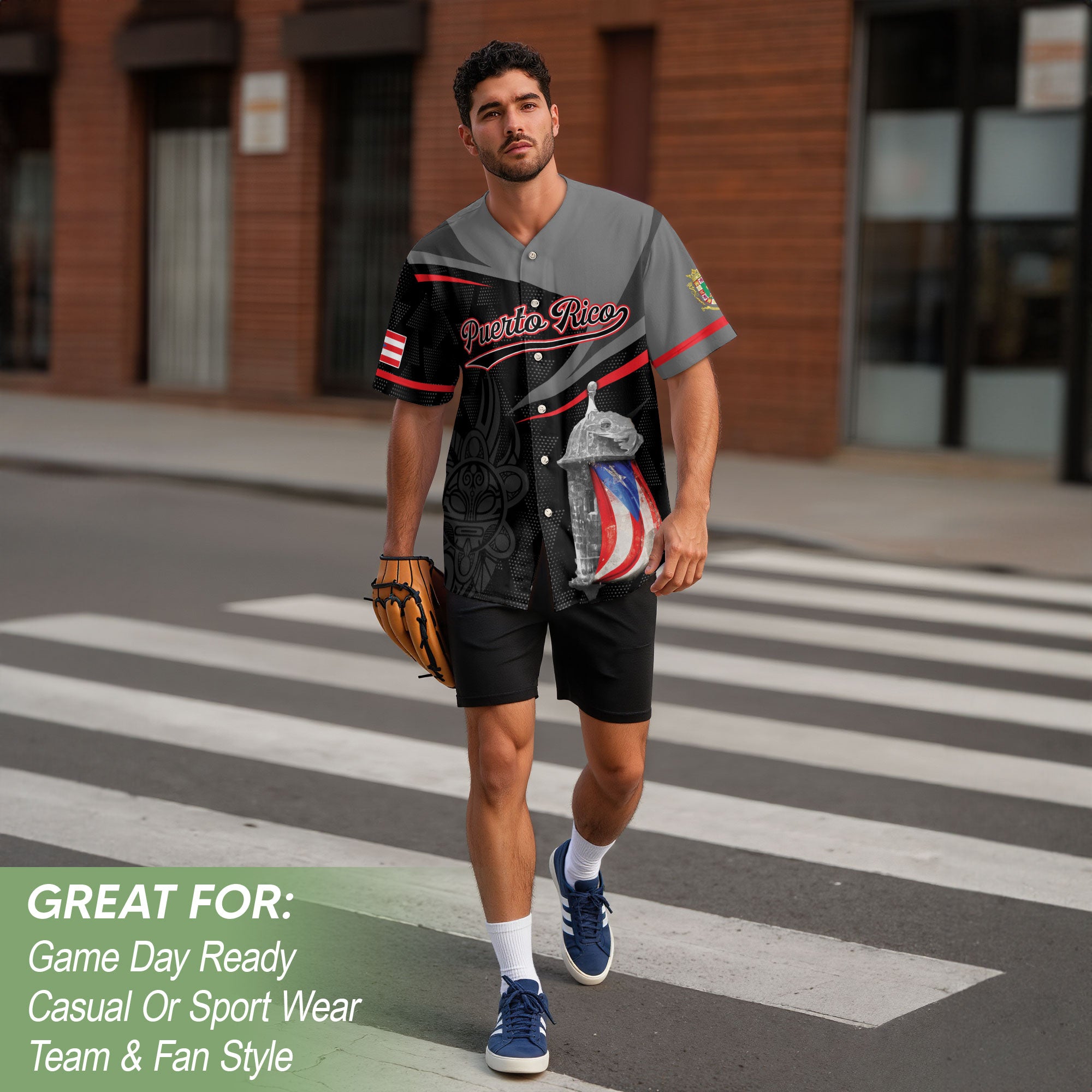 Puerto Rico Heritage Fortress Gray Black Tribal Graphic Boricua Baseball Jersey