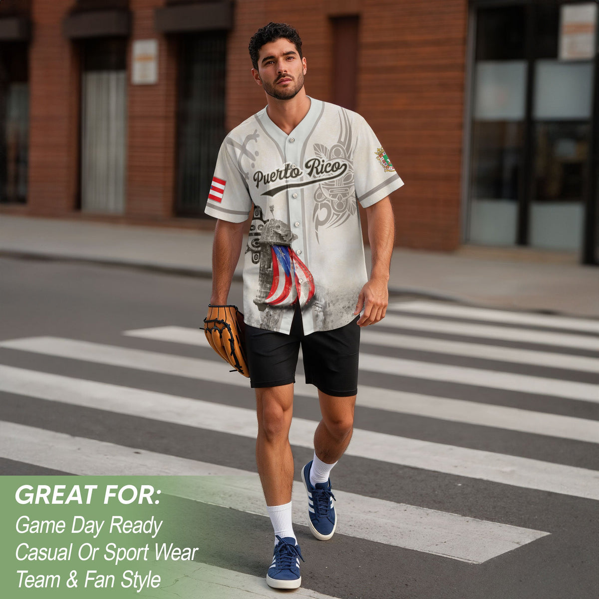 Puerto Rico Baseball Jersey in Heritage White for Men and Women, Beige Boricua Fortress Tribal Graphic, Bold Puerto Rico Shirts for Fans, Northryn Co.