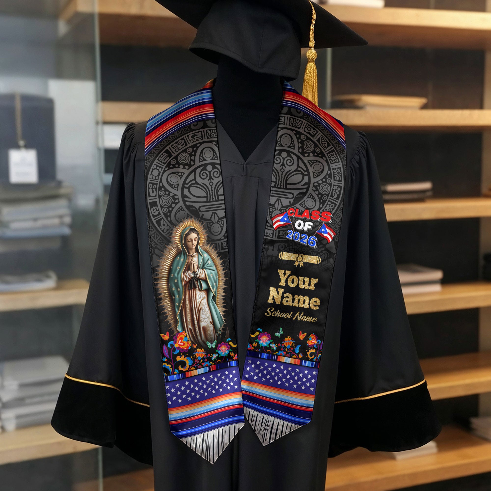 Personalized Puerto Rican Graduation Stole Custom Name Class of 2026 Virgin Mary Senior Sash