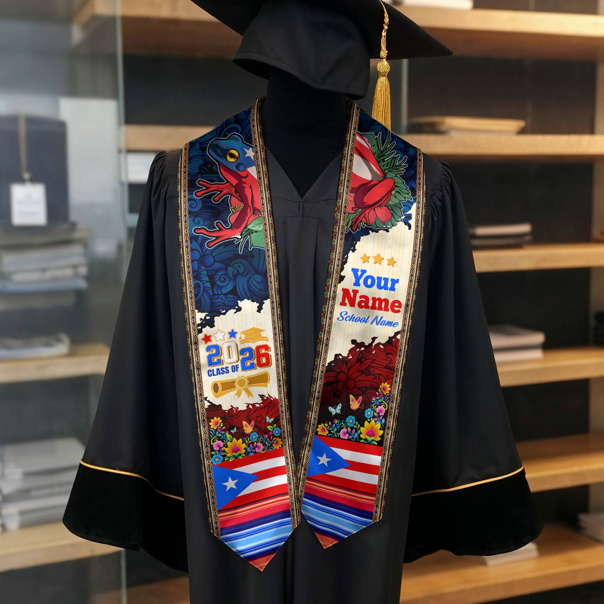 Custom Puerto Rico Flag Graduation Stole Class of 2026 Coqui Frog Floral Sash