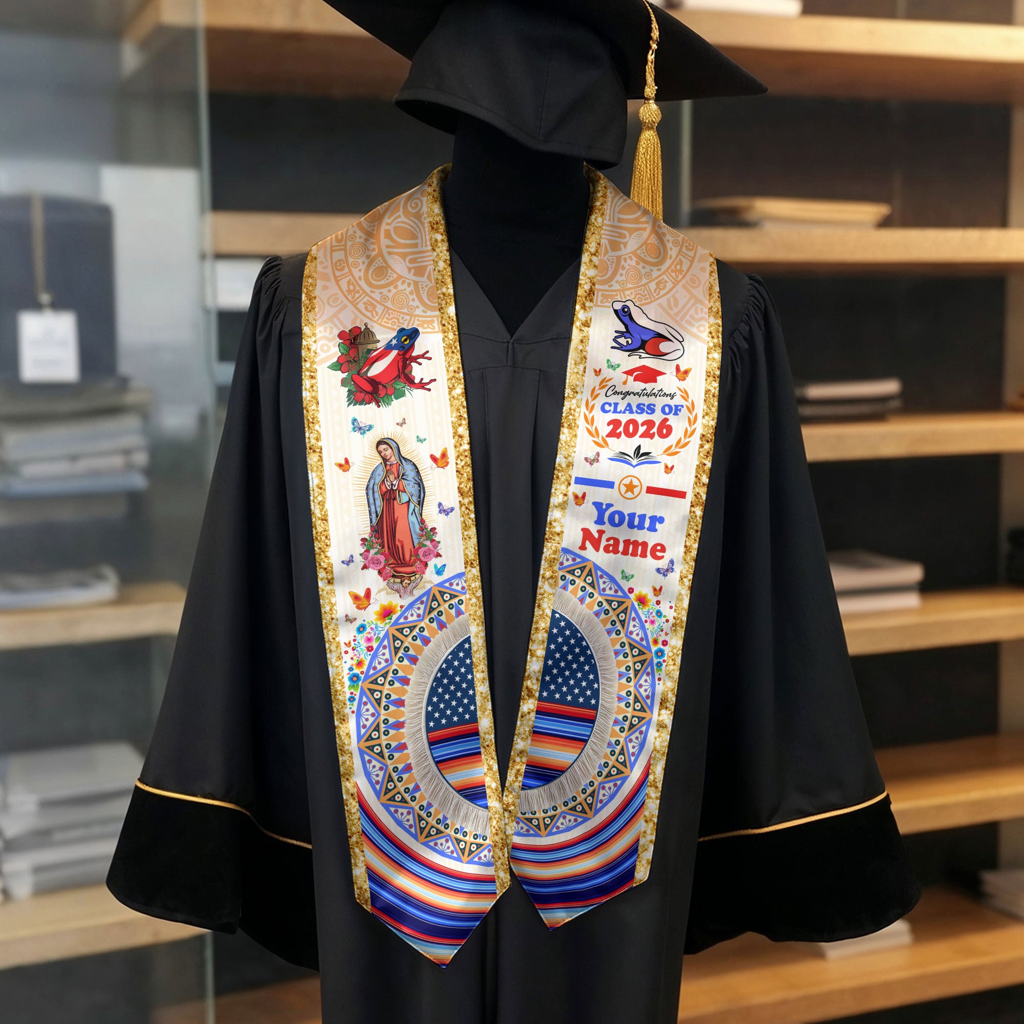 Puerto Rico Graduation Stole Custom Floral Virgin Mary Heritage Coqui Class of 2026 Sash