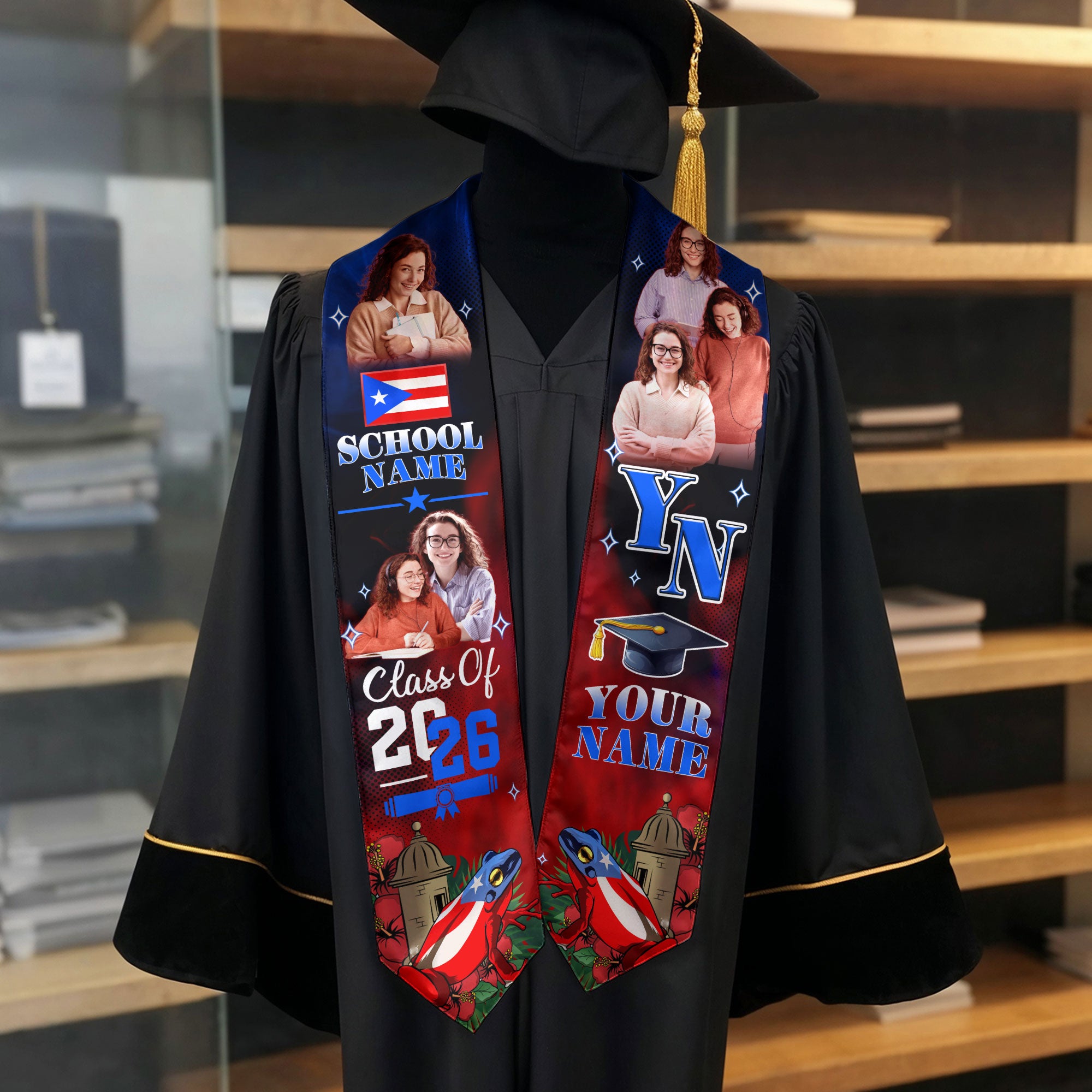 Custom Photo Name Puerto Rico Flag Coqui Frog Class of 2026 Personalized Graduation Sash