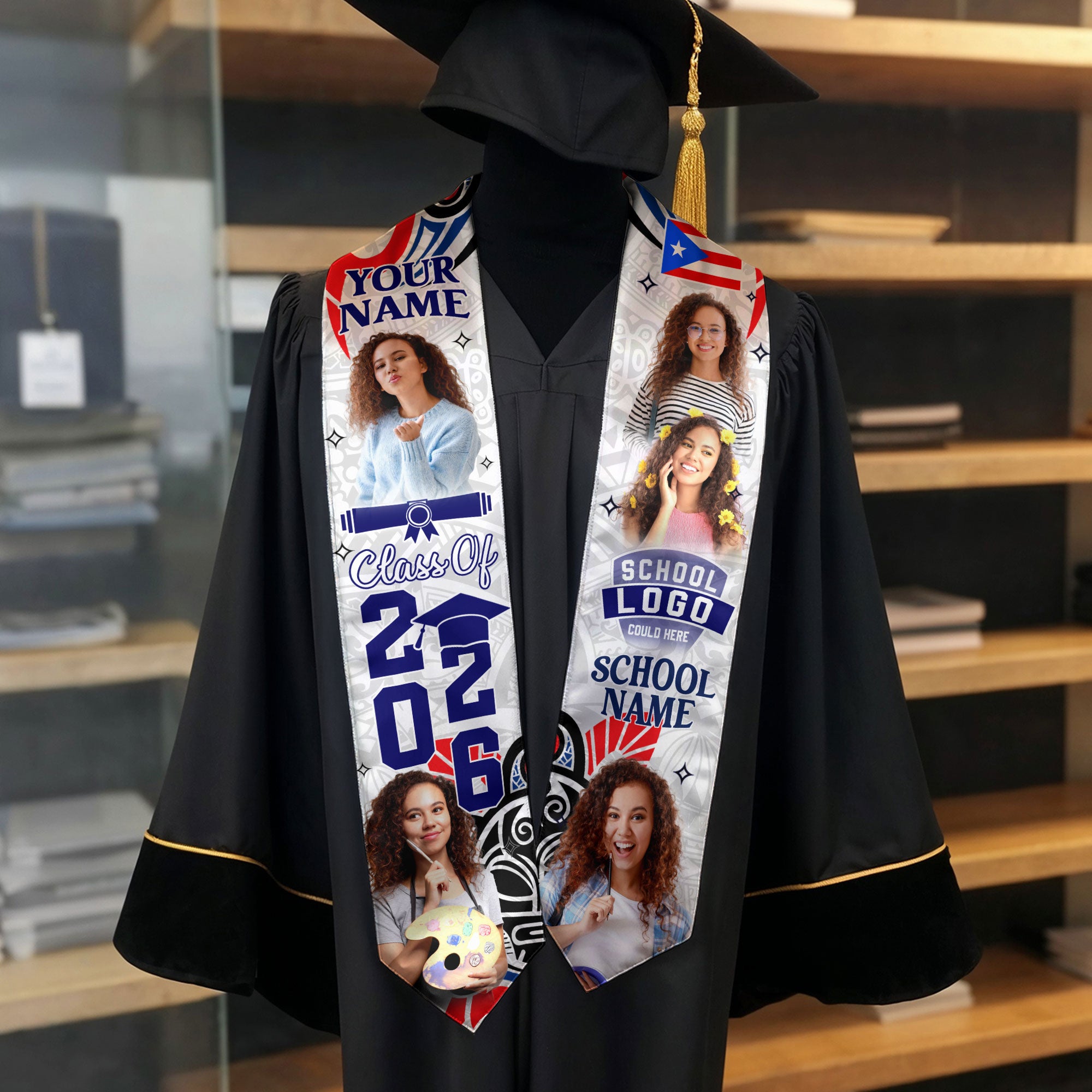 Custom Photo Name Puerto Rico Flag Taino Pattern Class of 2026 Graduation Stole