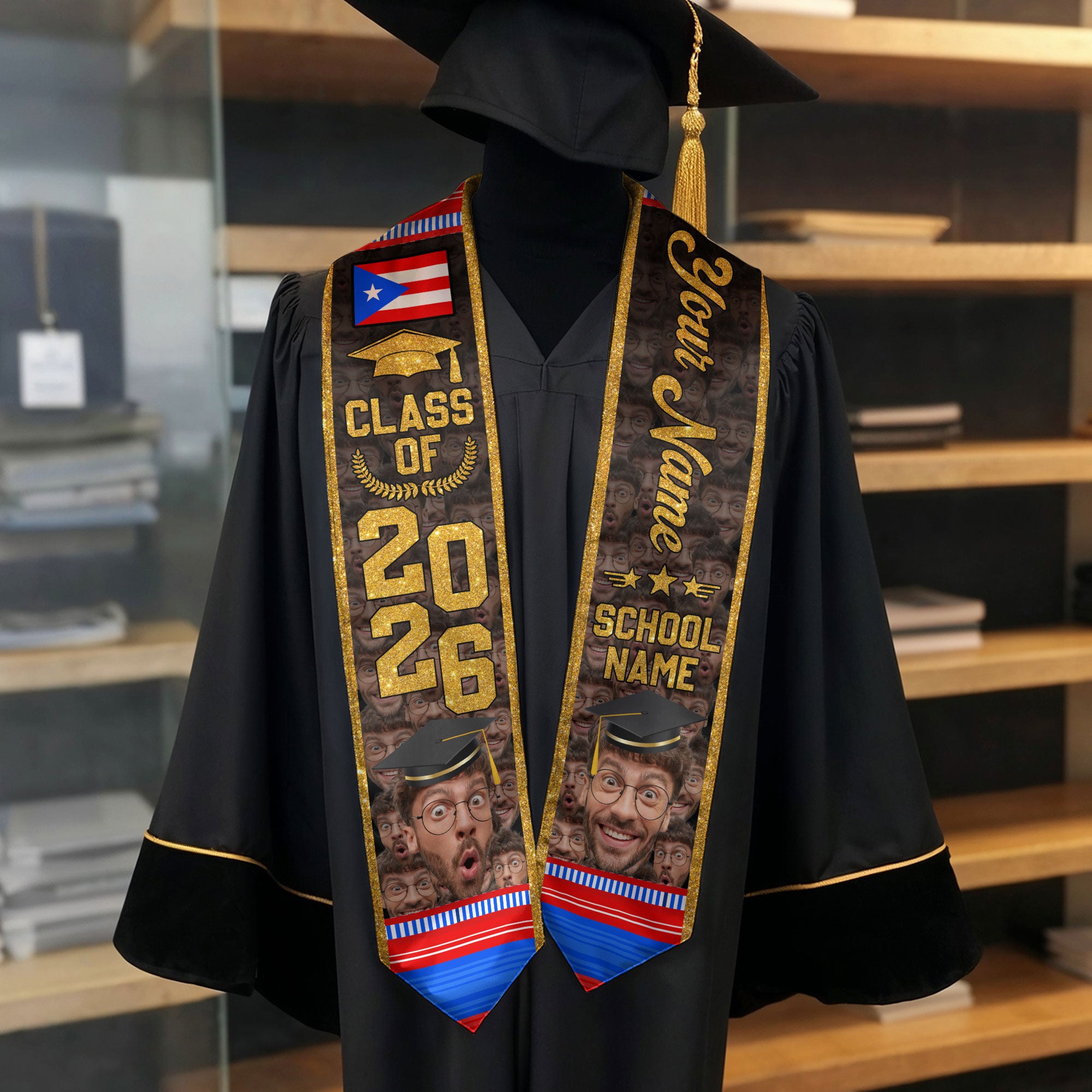 Custom Photo Name Puerto Rico Flag Taino Tribal Class of 2026 Graduation Stole