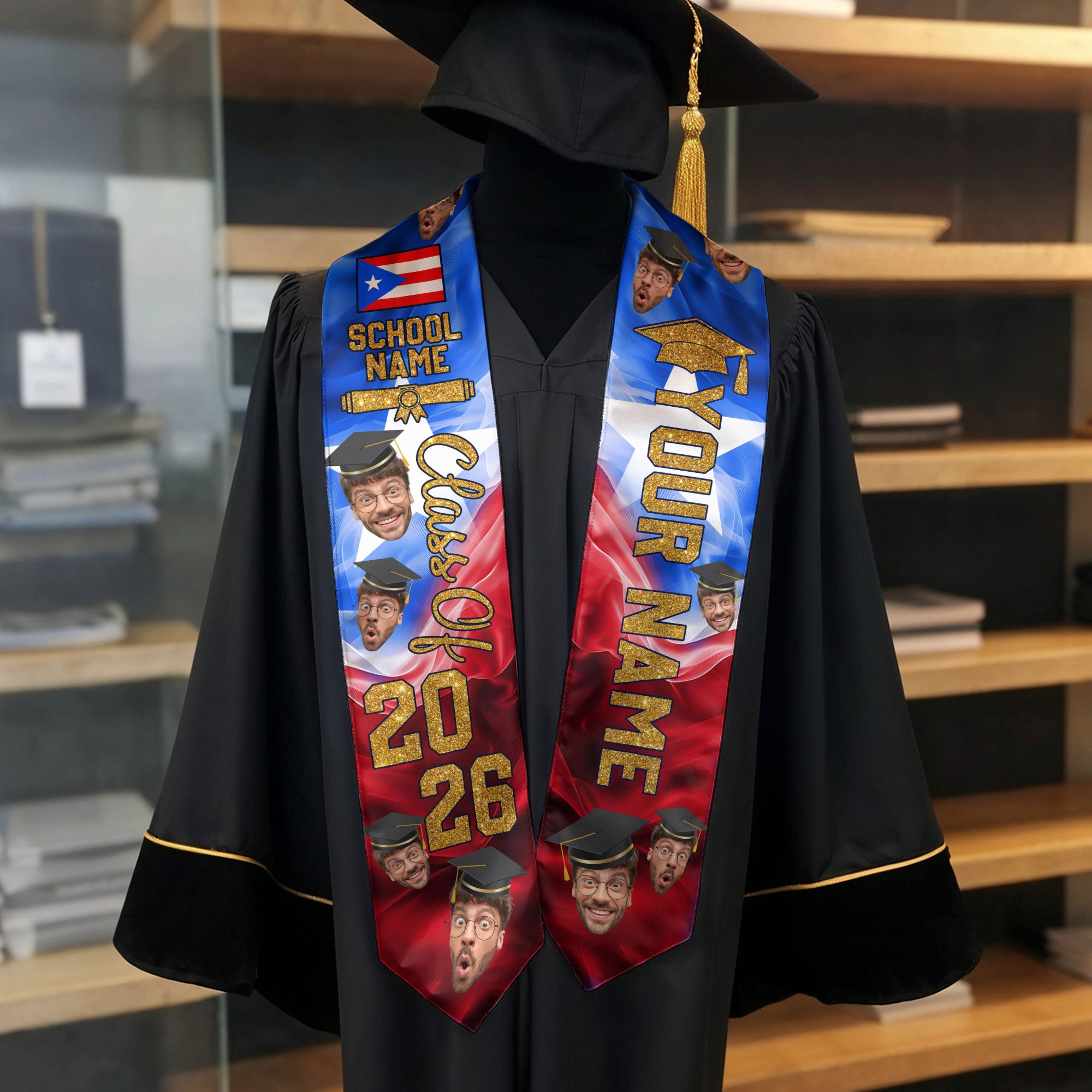 Custom Photo Face Puerto Rico Flag Graduation Class of 2026 Personalized Graduation Sash