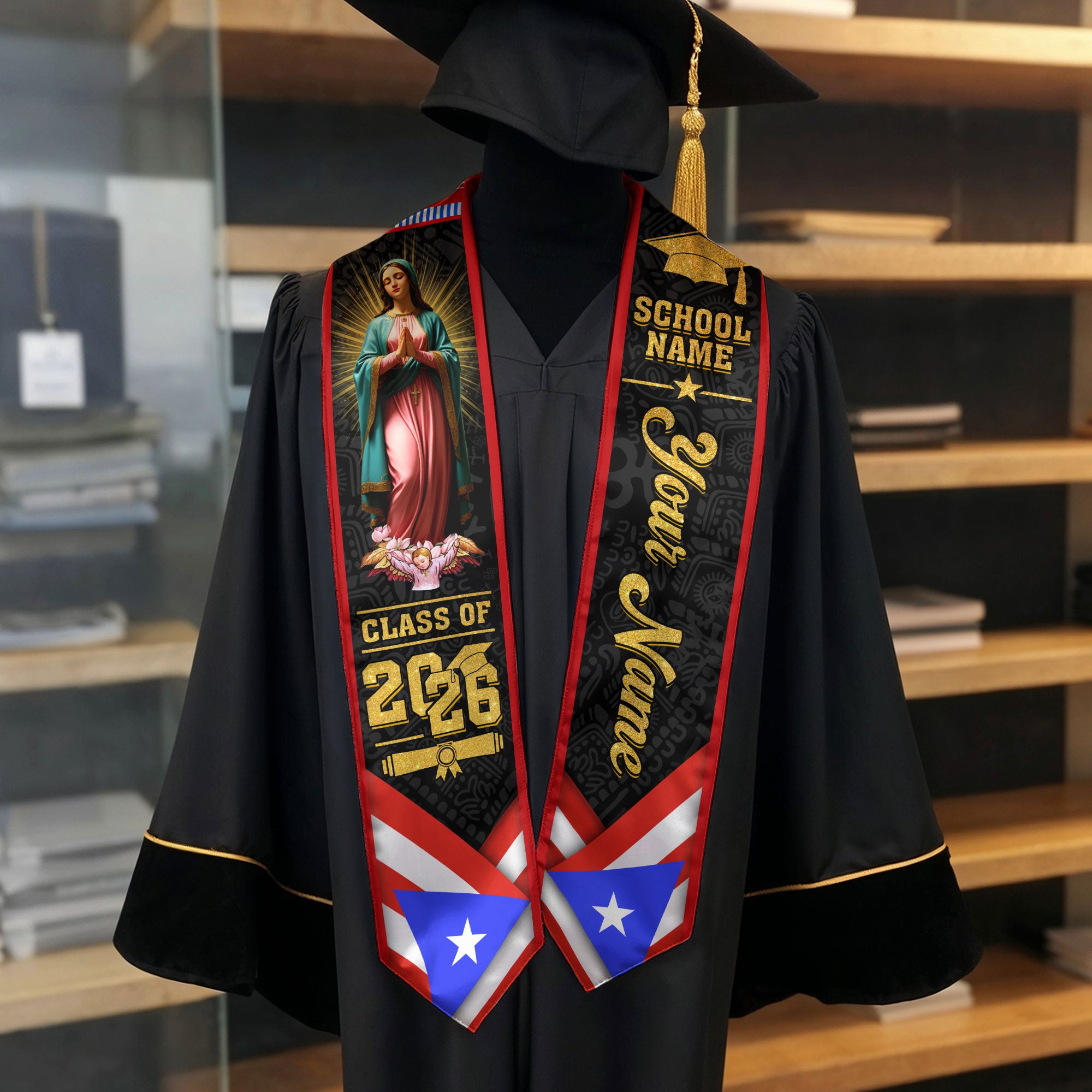 Custom Puerto Rico Flag Virgin Mary Taino Tribal Class of 2026 Graduation Stole