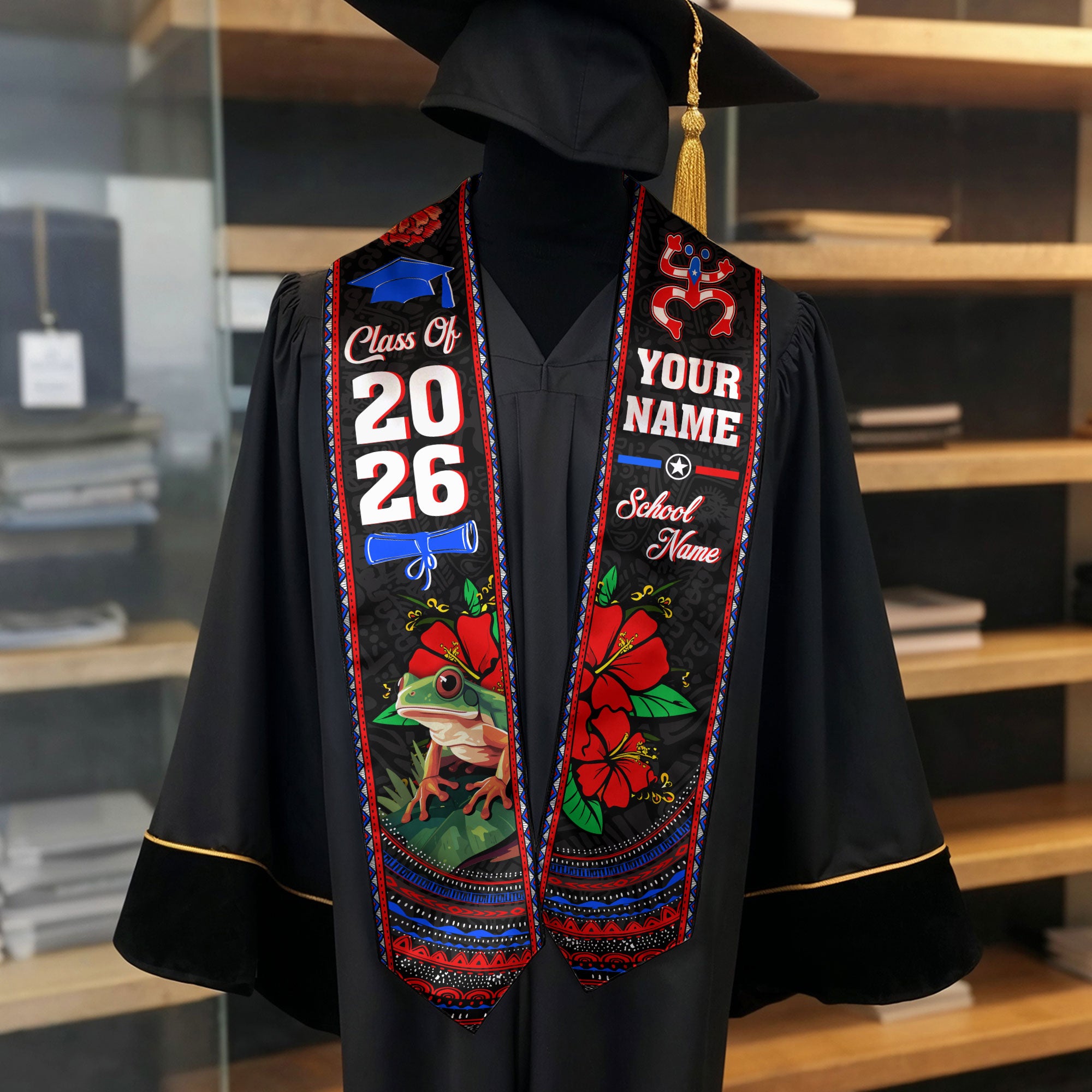 Custom Puerto Rico Graduation Stole 2026 Coqui Frog Floral Heritage Graduation Sash